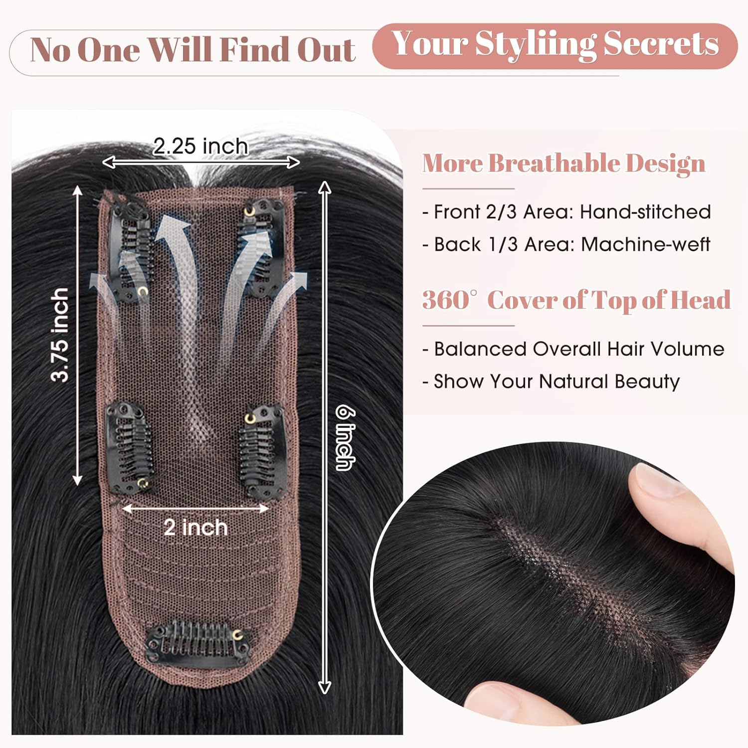 Hairro Human Hair Topper without Bangs, Clips on 360° 3D Cover Real Hairpieces Lightweight, 2.25"x6" Base for Women with High Hairline/Thinning Hair, 12 Inch Deep Black No Bangs