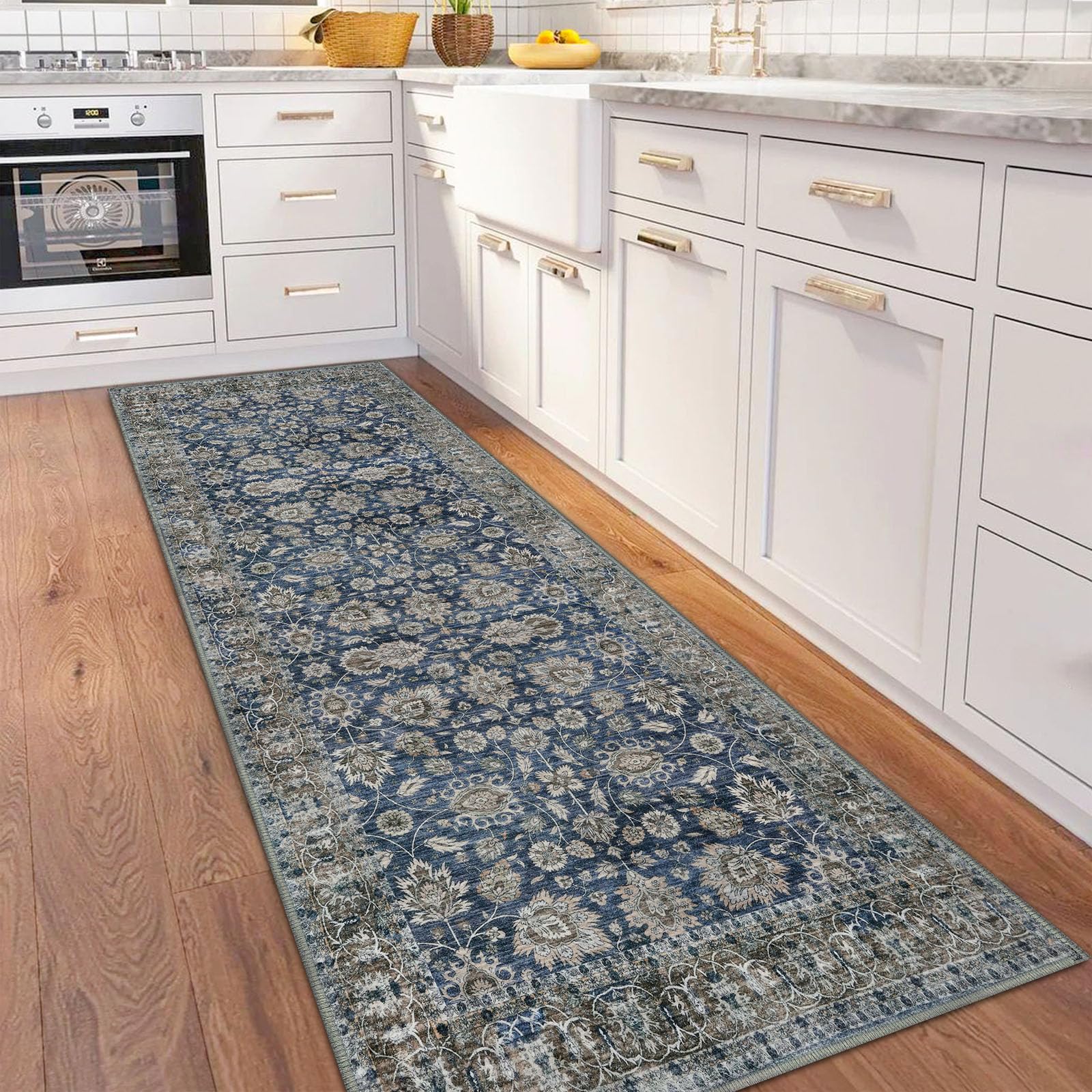 KOZYFLY Vintage Washable 3x8 Ft Wide Rug Runner Rug for Hallway Blue