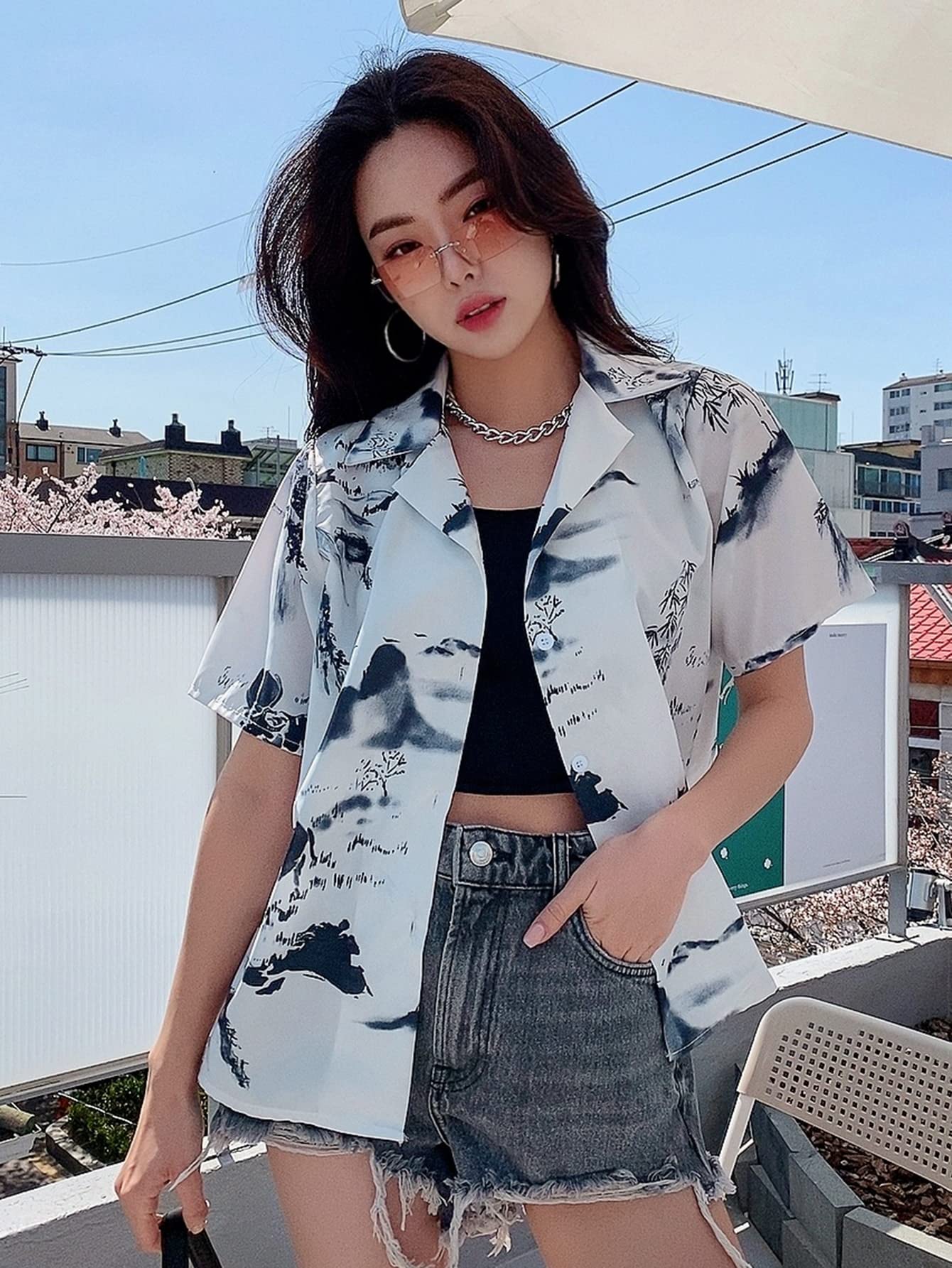 CRYBA Summer Tops Women Landscape Print Button Through Blouse (Size : M)