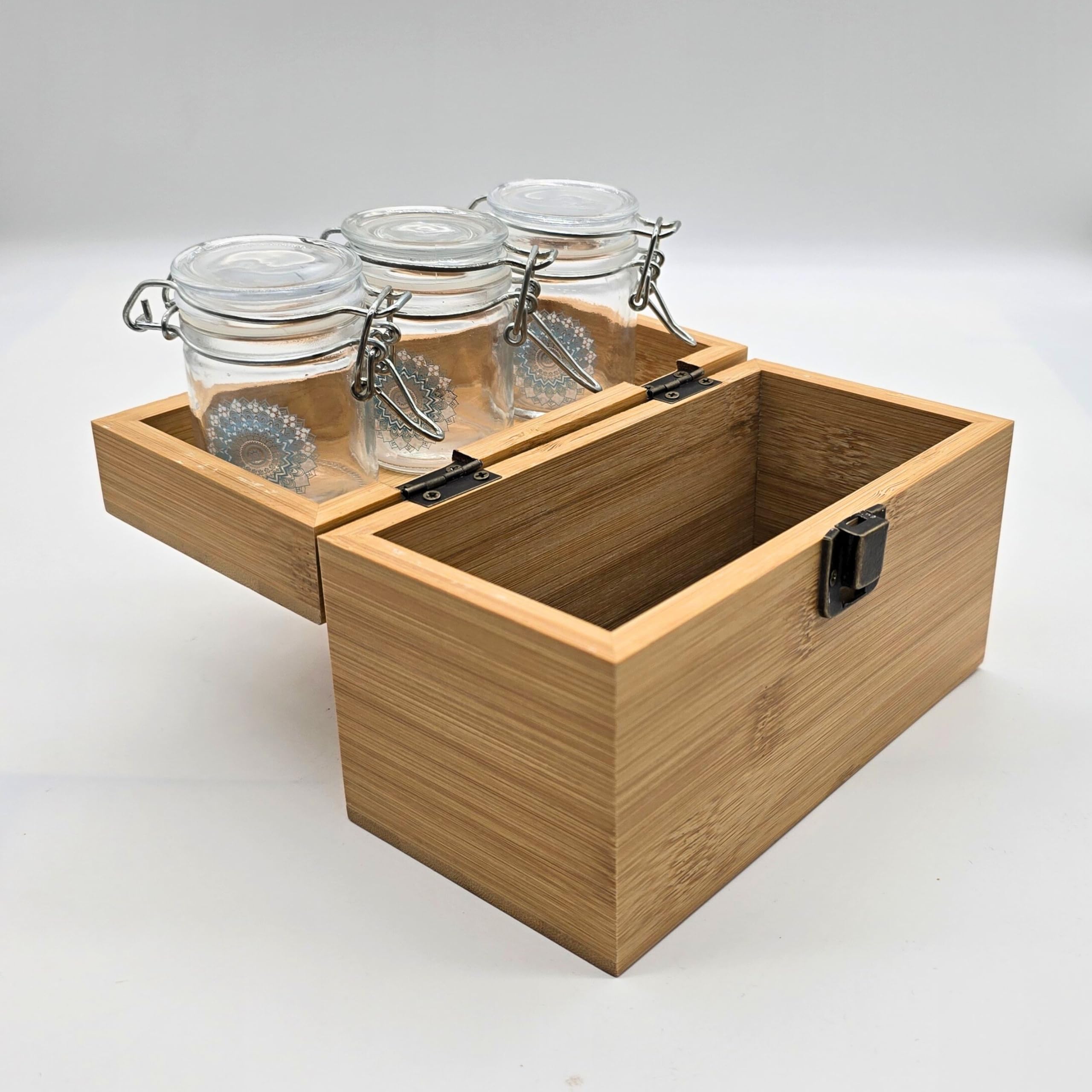 ZACTLY - Bamboo Storage Box with 3 Glass Jars – Airtight Spice Jars with Lids – 17x9x10cm Eco-Friendly Organizer for Herbs, Spices, Tea – Compact Countertop Storage Set (645g, 6.5cm Jar Height)