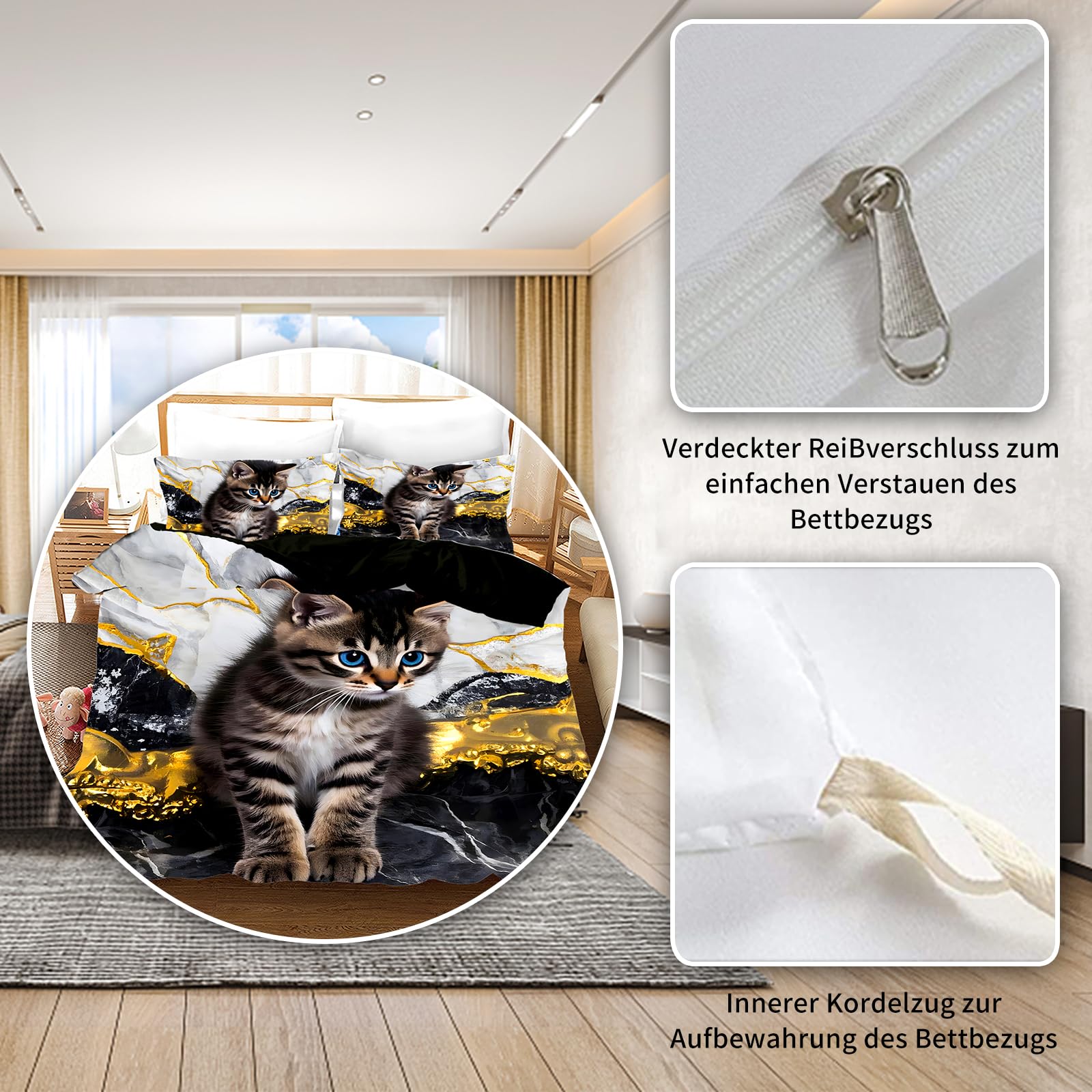 VTRXEG Cat Bed Linen 135 x 200 cm, 3D Cat Motif Microfibre Duvet Cover, Pet Cat Bedding Sets 3-Piece - Image 4