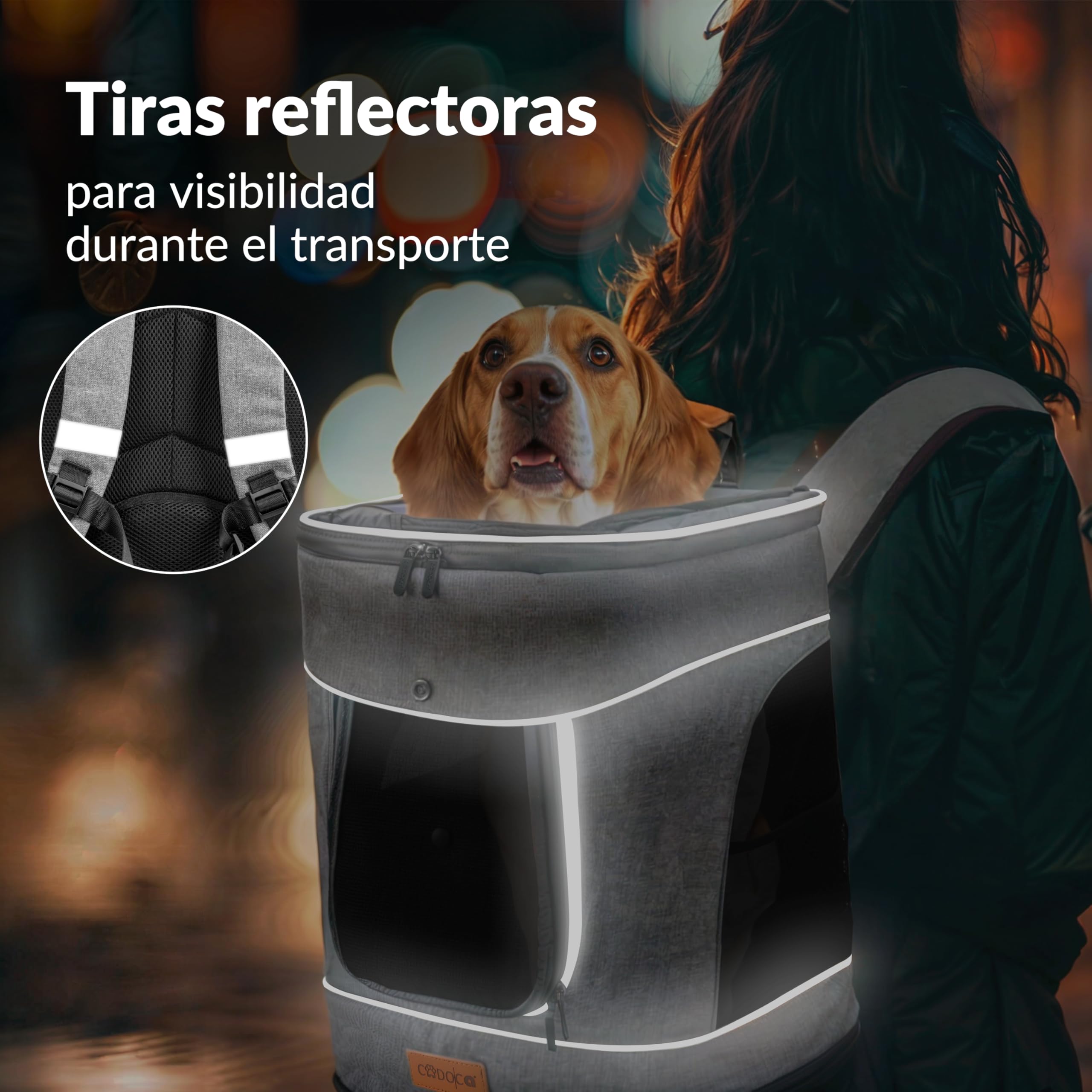 CADOCA® Mochila Transportín Perros Gatos 20 Kg Bolso Transporte Mascotas Plegable Correa Comedero Animales Tiras Reflectantes Viajes Excursiones Gris