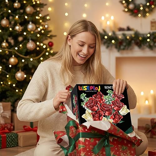 Miniatura 2 de WISEPLAY Juego de construcción de ramo de rosas, 697 piezas para mujeres, bloques de construcción de rosas rojas y blancas, flores sintéticas de