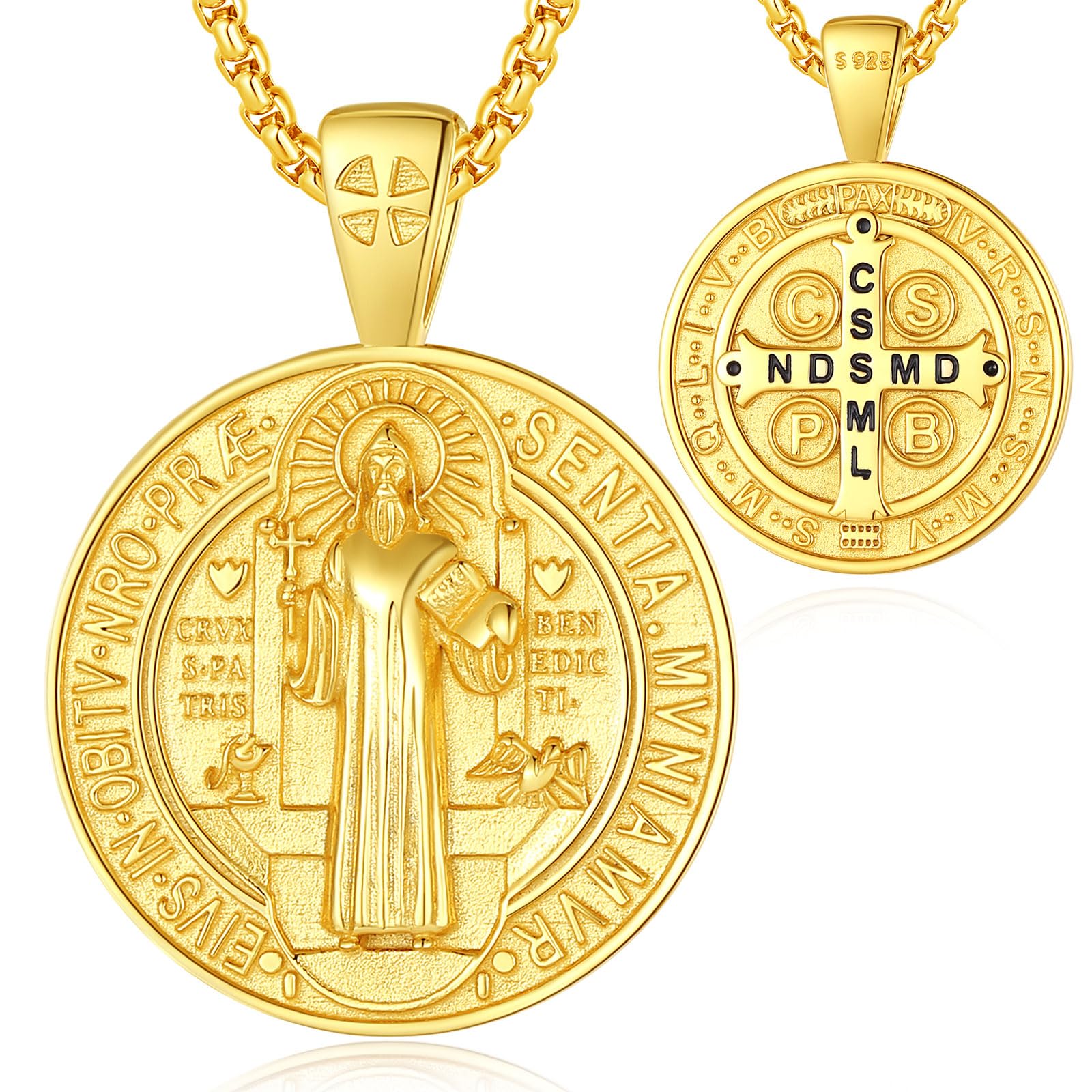 Collana con Medaglia di San Benedetto San Benito in Argento Sterling Placcato Oro 18K per Donne Uomini, Ciondolo Amuleto Gioielli Cattolici Cristiani Regali, 22+2"