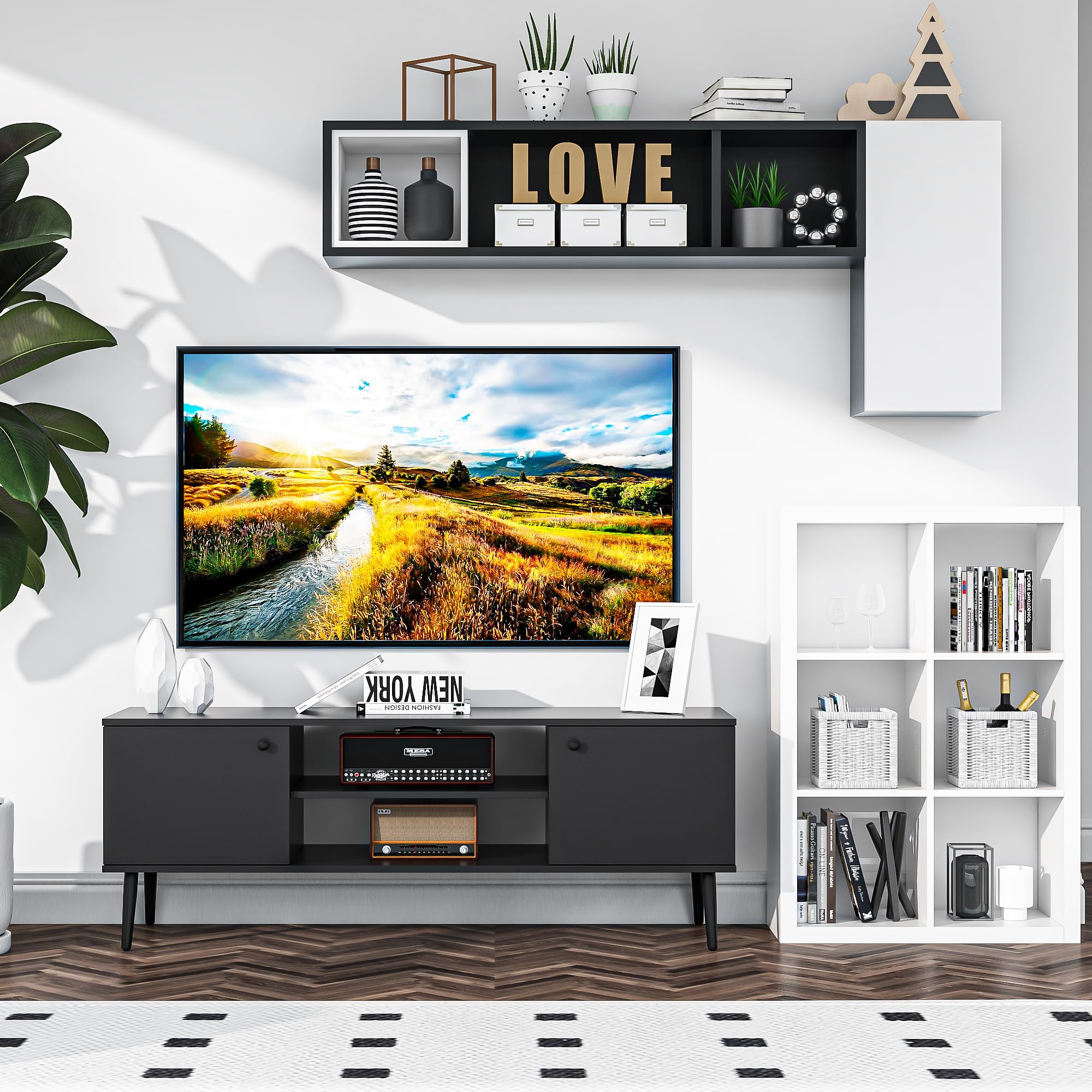 furtble TV Stand with Storage, Wood Media Console for 55/60 Inch TV, Modern TV Storage Cabinet Entertainment Center for Living Room, Bedroom, Black