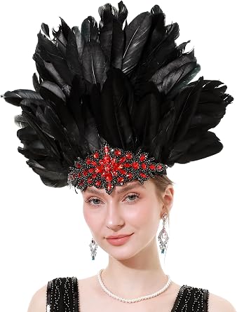 Rulala Fancy Womens Feather Headpiece Handmade Rhinestones Headband Halloween Showgirl Cosplay Headwear Accessories
