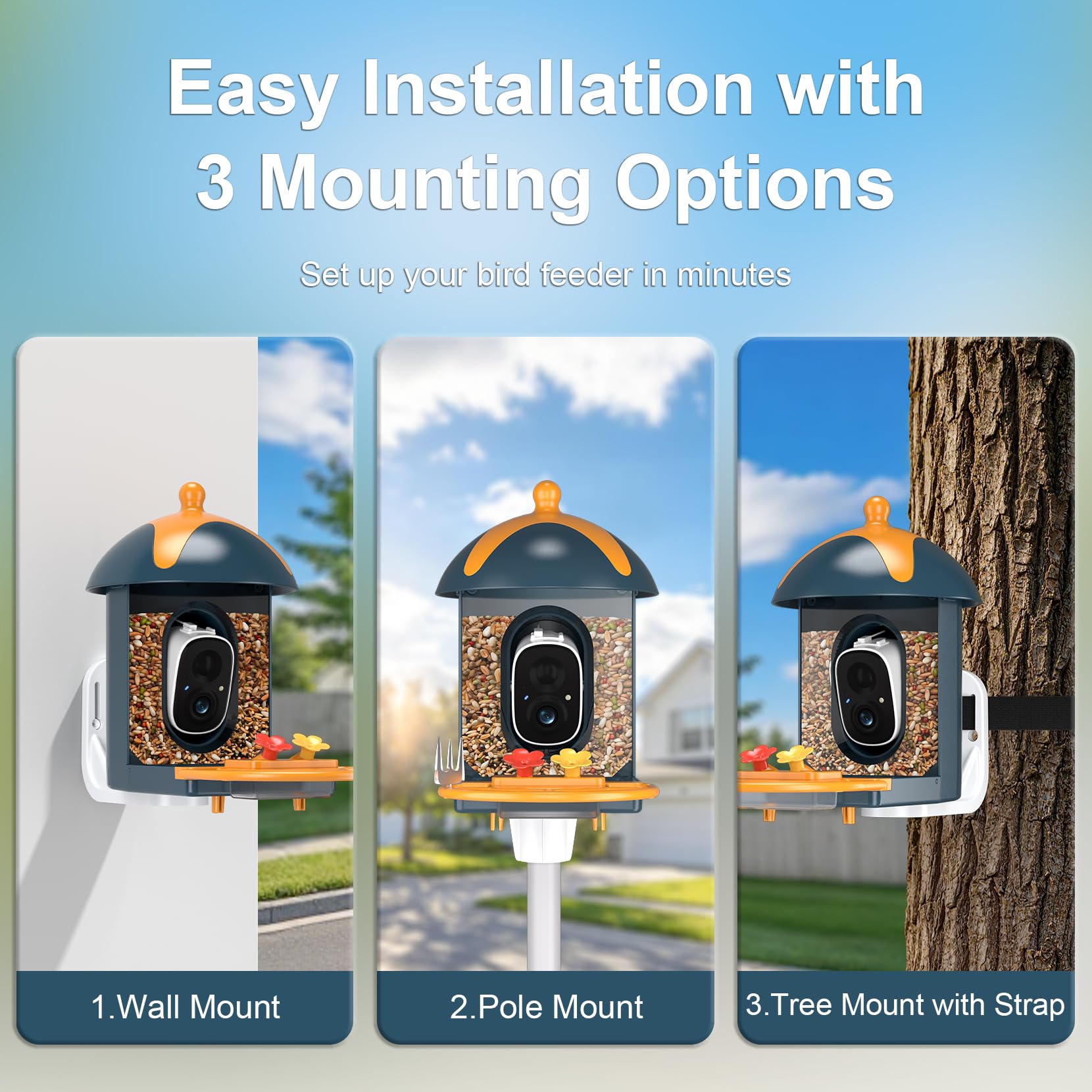 Smart Bird Feeder mit Kamera Outdoor Vogelhaus: AI identifiziert 11000+ Arten, 2K HD, Ankunftswarnungen, solarbetrieben, blau-orangefarbenes zweifarbiges Design, Kolibri-freundlich, Geschenk für