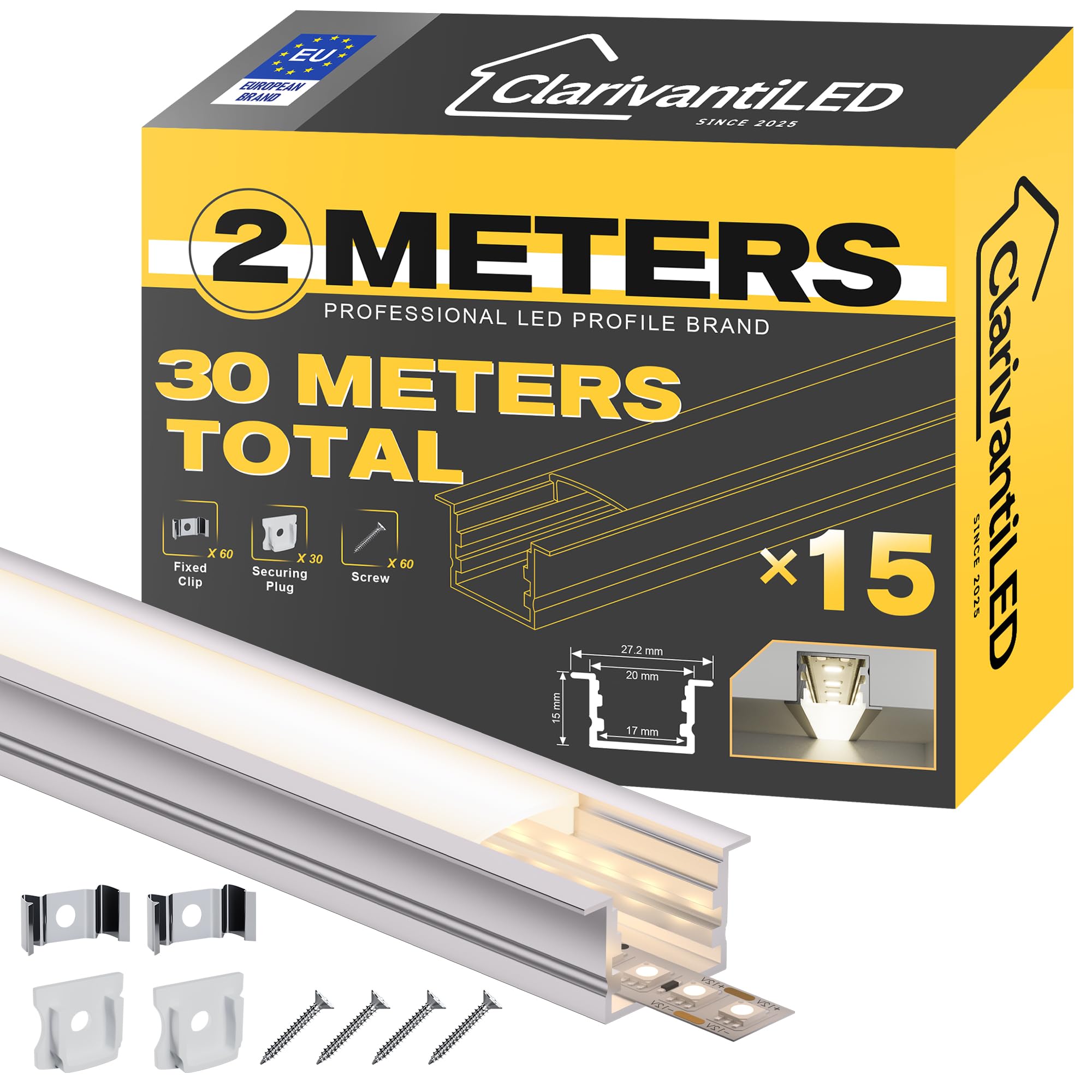 15 profili LED a forma di U, 2 m x 30 m, guida in alluminio anodizzato, canale per strisce fino a 15 mm, diffusore per una distribuzione uniforme della luce (SP25)