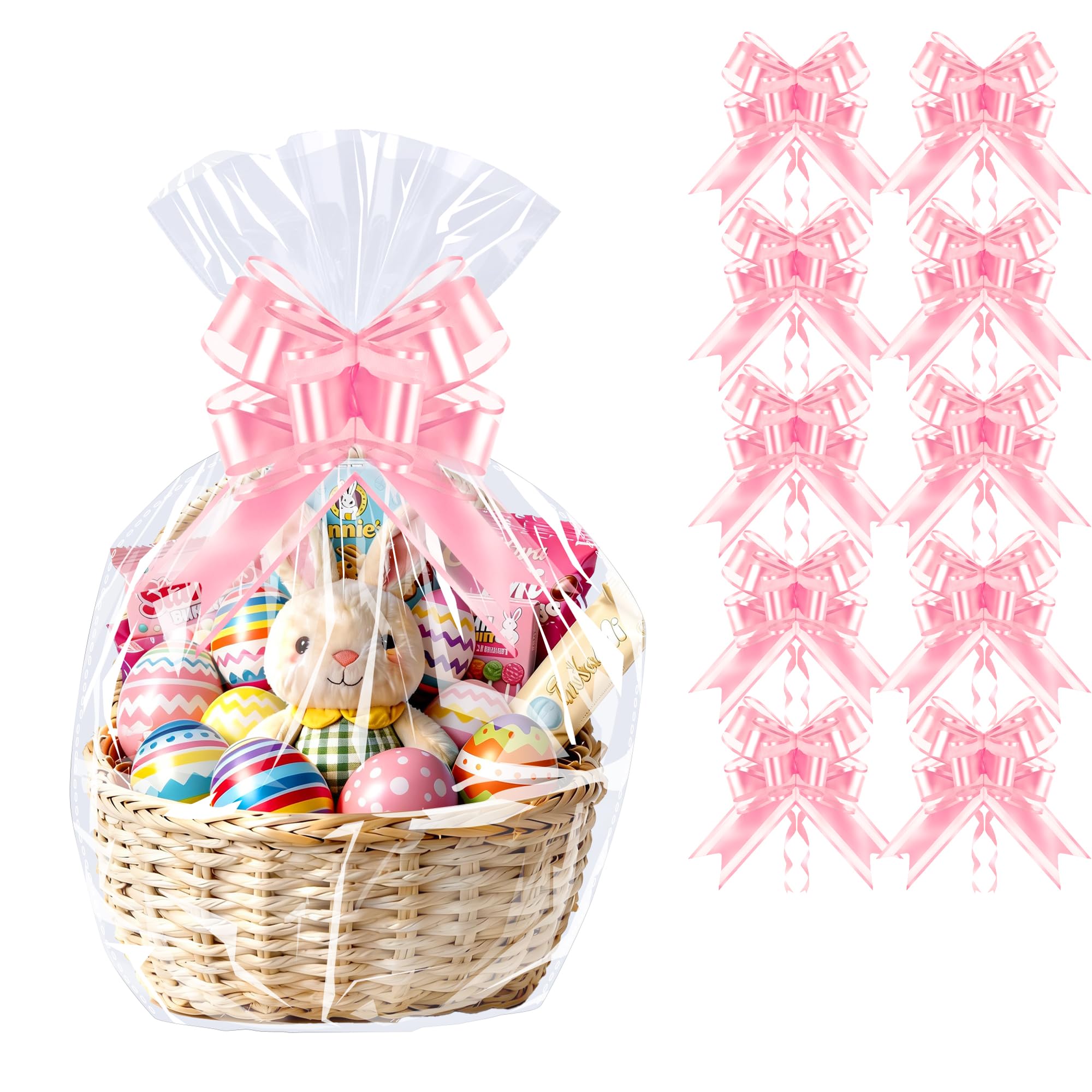 PigPotParty Przezroczyste celofanowe torebki prezentowe z różową wstążką, 10 opakowań celofanowych do koszy prezentowych, plastikowe torby na prezenty na urodziny, ślub, walentynki, Wielkanoc, baby