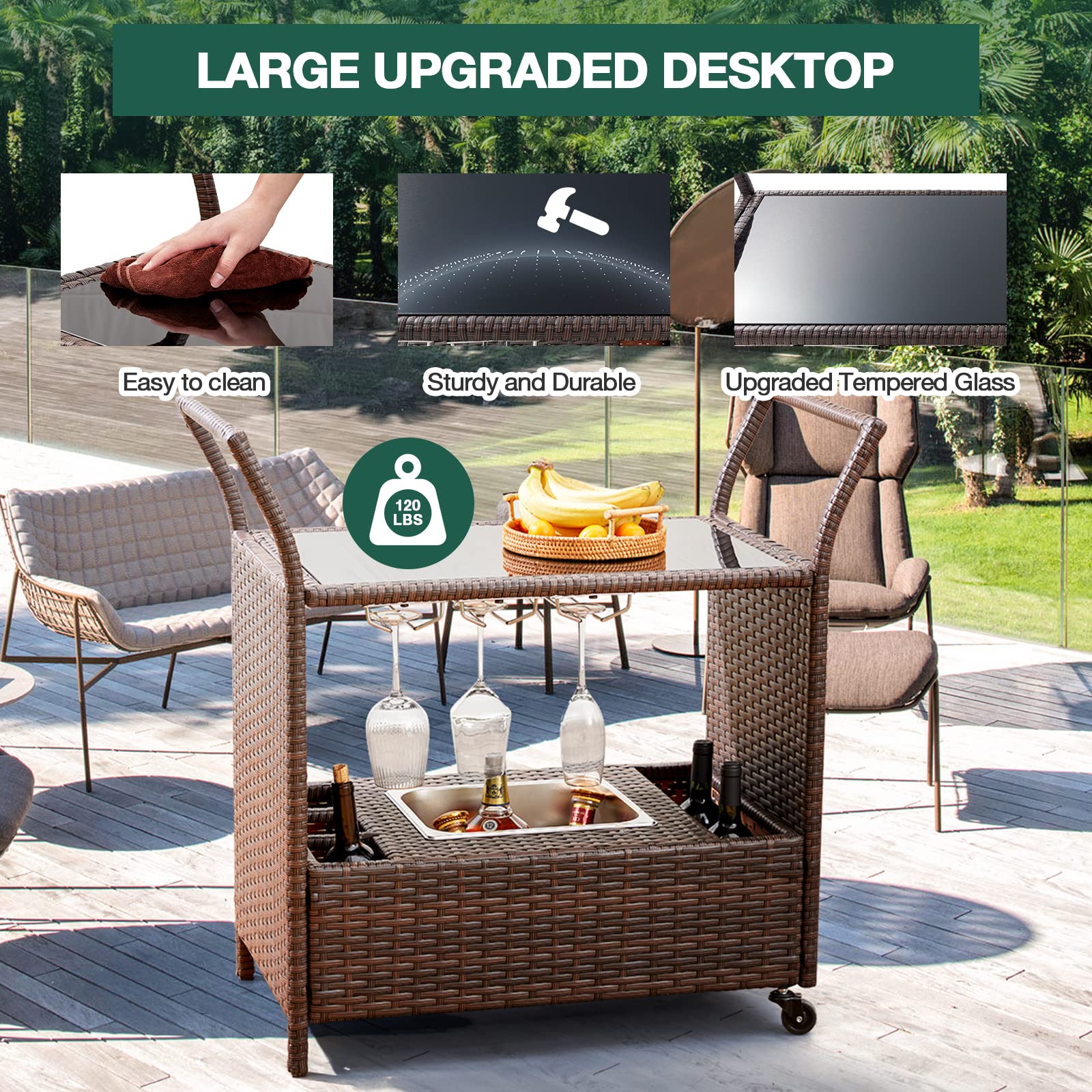 Buy Vicluke Outdoor Wicker Bar Cart with Removable Ice Bucket, Rattan