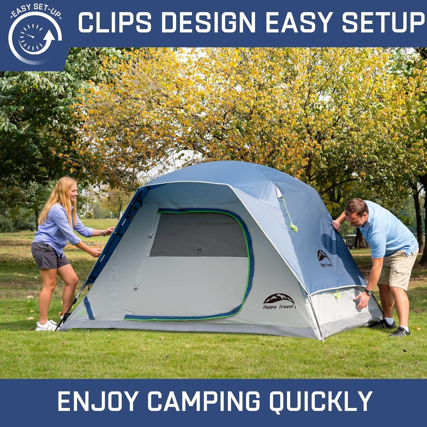 Happy Travel Camping Tent, 4 Person Dome Tents for Camping with Rainfly, Waterproof Clip Easy Setup Portable Family Tent with Mesh Windows, 20% More Headroom Backpacking Tents for Camping & Hiking
