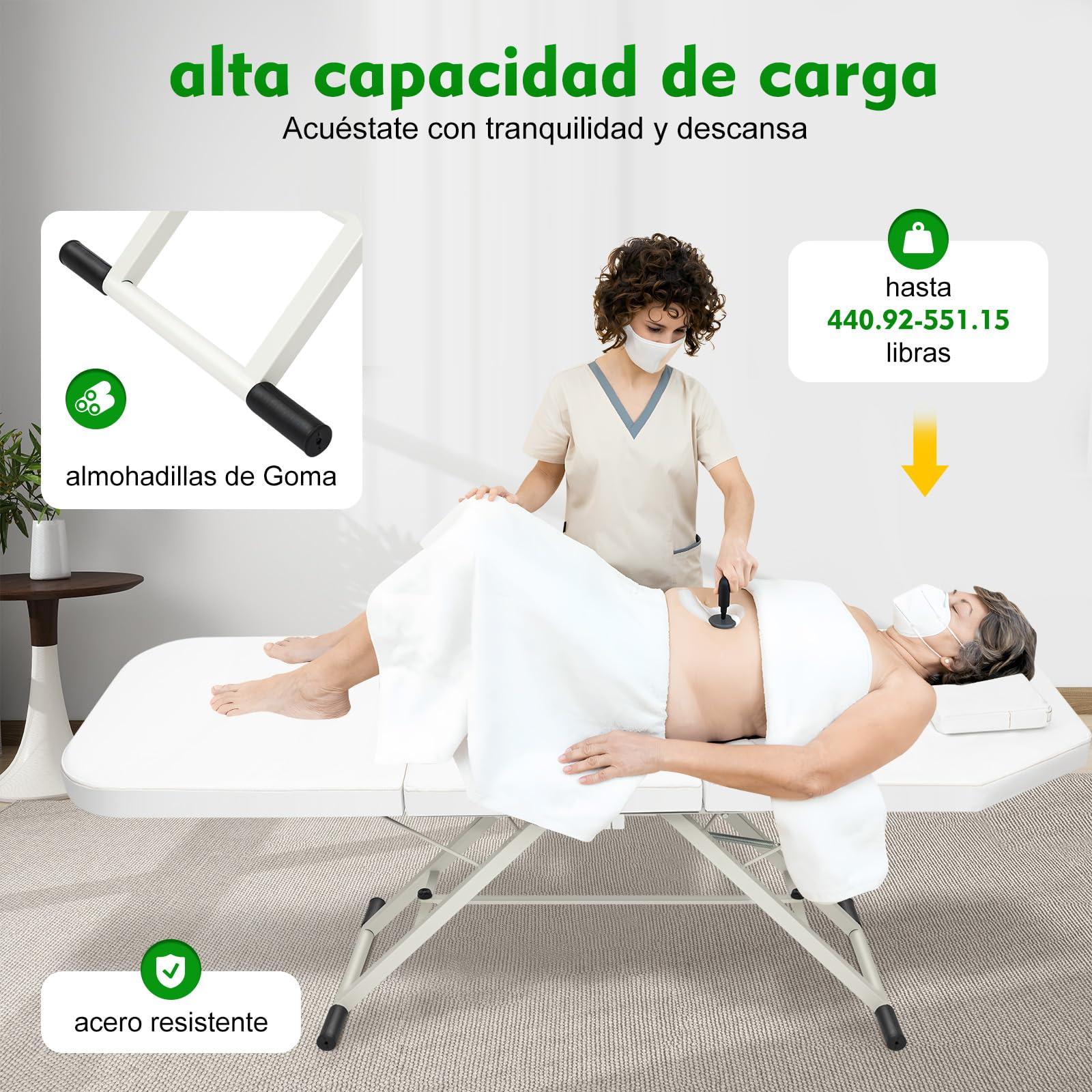 Camilla de masaje portátil plegable con 3 zonas con reposacabezas, mesa de masaje ajustable de acero, capacidad de carga 250 kg, para spa salón de belleza tatuaje, cama plegable (blanco)