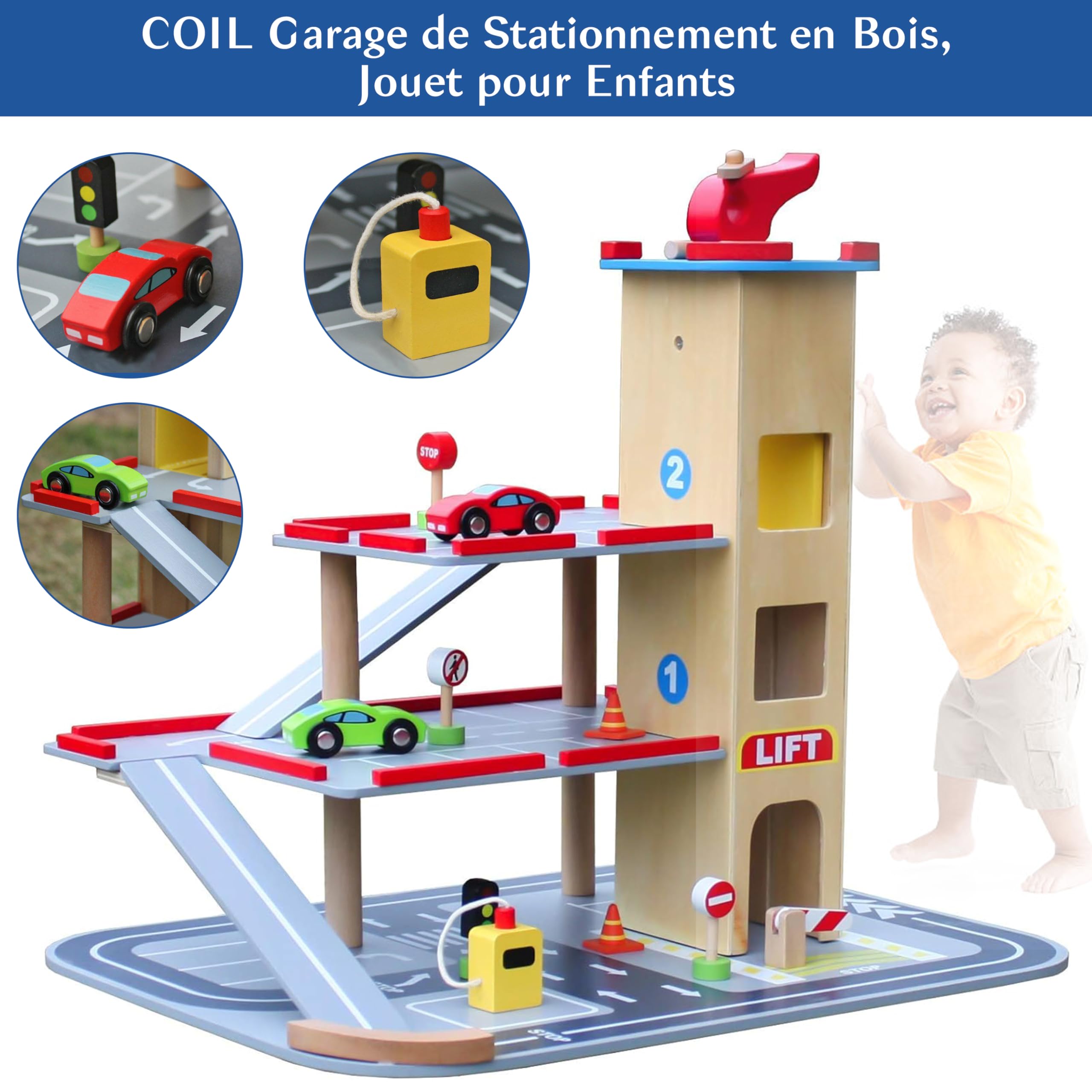 COIL Garage Éducatif S.T.E.M. pour Enfants dès 3 Ans - Jouet de bois avec ascenseur, voitures et accessoires