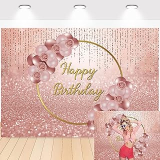 Rose Gold Happy Birthday Backdrop Pink Rose Gold Floral Balloon Bokeh Photography Background Women Sweet Girl Birthday Party Decor Props 8x6FT