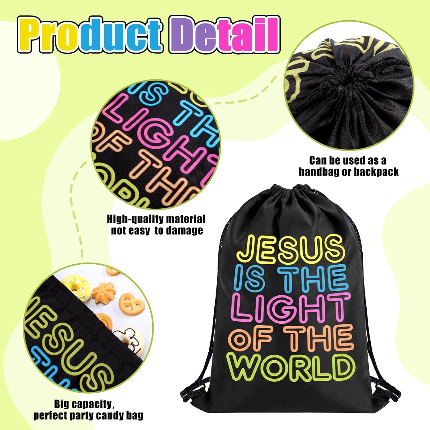 Kacctyen 25 Pack Vbs 2026 Drawstring Backpacks Jesus Is The Light of The World 12x10 in Black Christian Bags Bible Religious Illumination Themed Bag for Church Events Vacation Bible Sunday Supply