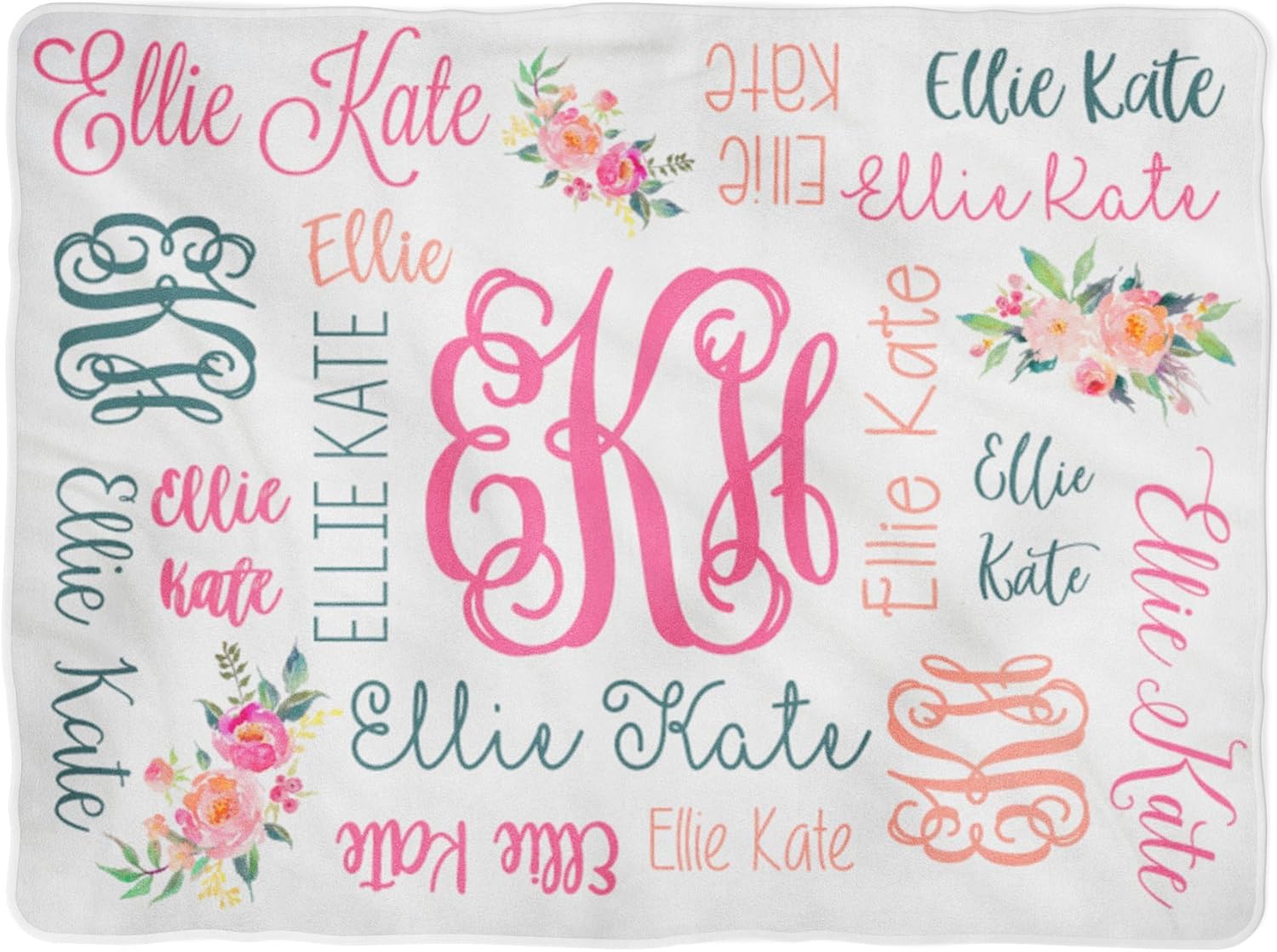 Baby Girl Swaddle Floral Blanket Personalized Baby Blanket Monogram Blanket Name Blanket Receiving Birth Announcement (60x80) White