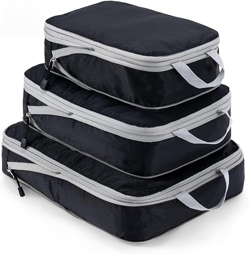 LITH 3-Piece Compression Packing Cubes Set – Grey Travel Luggage Organizers in Small, Medium & Large Sizes – Lightweight & Space-Saving (Black)