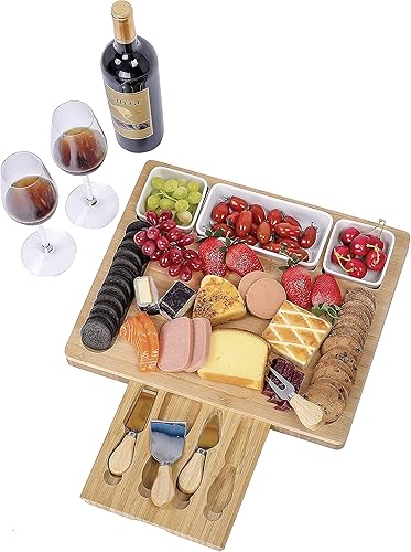 Miniatura 3 de Juego de cuchillos de bambú para queso, bandeja y bandeja para alimentos cocinados, 3 cuencos de cerámica, 4 cuchillos de acero inoxidable, con