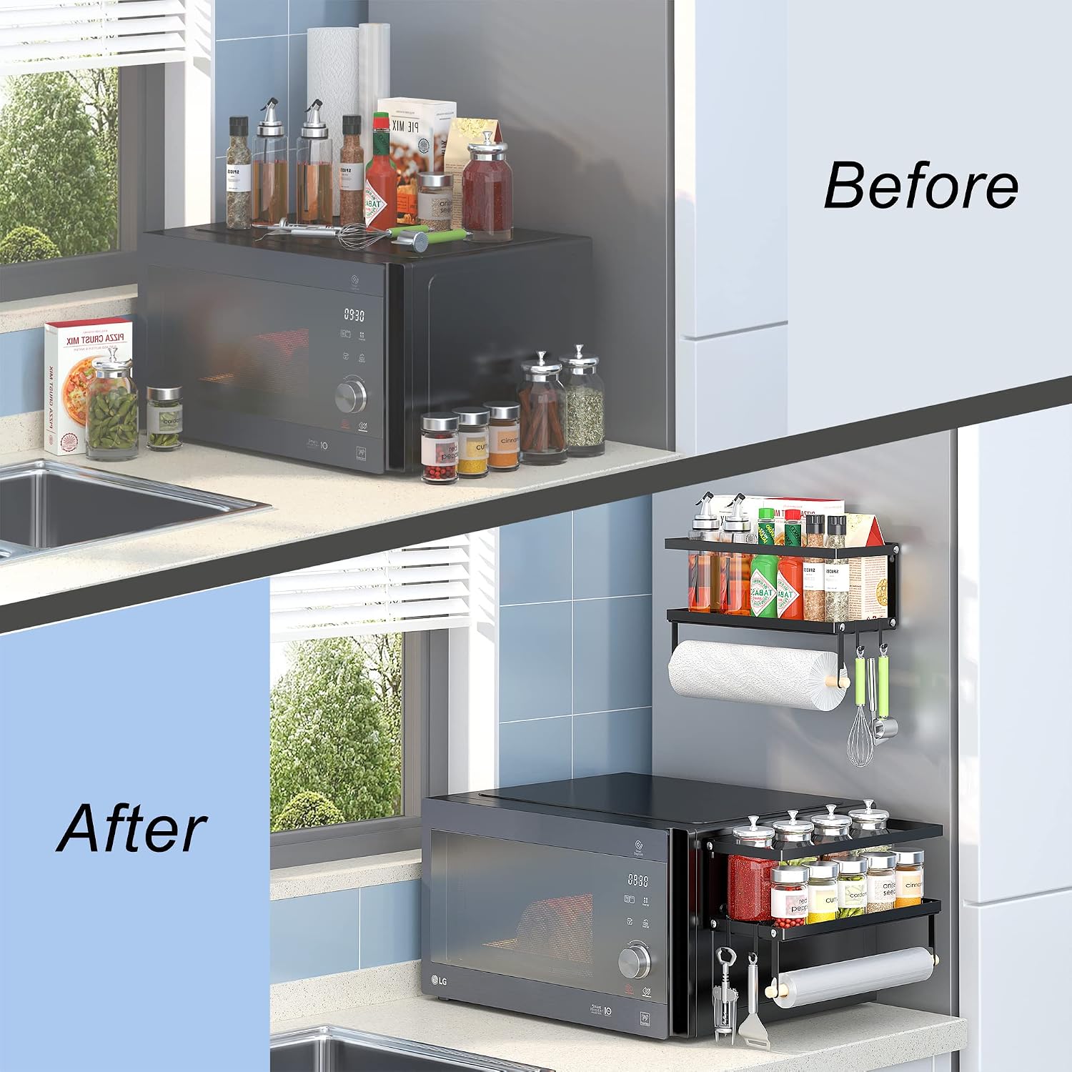 PUSDON Magnetic Metal Surface Side Rack 2 Sets, Paper Towel Holder 2-in-1 Spice Rack with 2 Hooks, Wall Mount Shelf for Kitchen, Refrigerator Washing Machine Microwave Side Storage Organizer Black