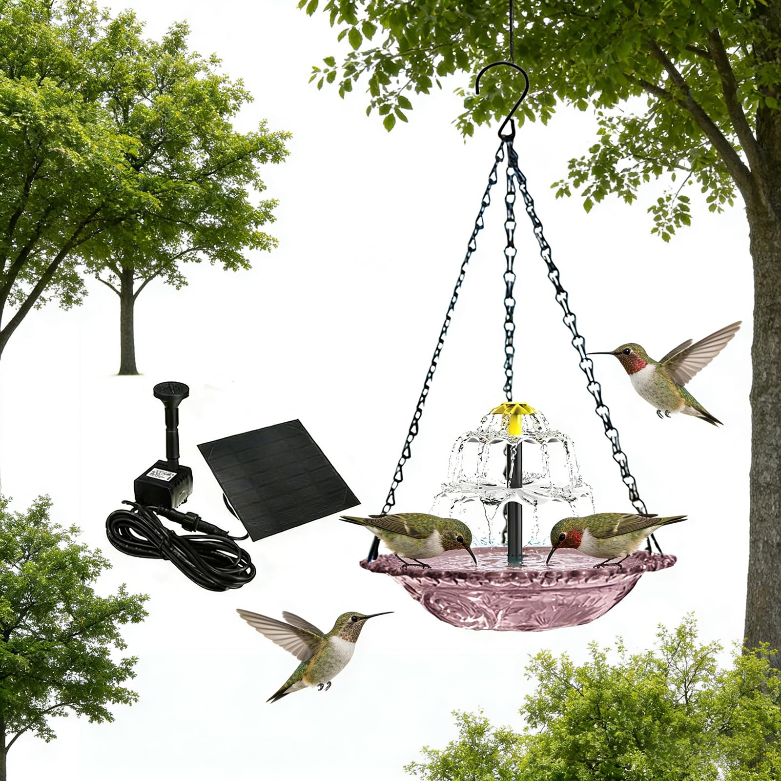 Solar Cascade Hanging Bird Bath Fountain, Outdoor Hanging Bird Bath With Solar Pump And Glass Bowl,Hanging Humming Birdbath,Spring Garden Decor,Attracts Hummingbirds & Wild Birds