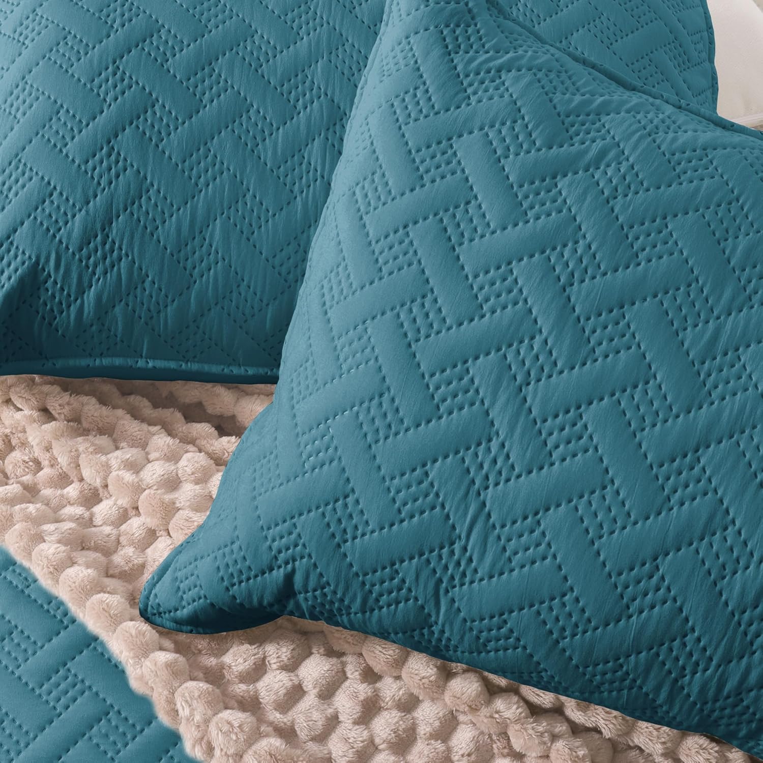Exclusivo Mezcla Soft Quilt Set King Size, 3 Pieces Lightweight Quilts Teal Bedspreads Coverlets Bedding Set for All Seasons, Weave Pattern - Image 4