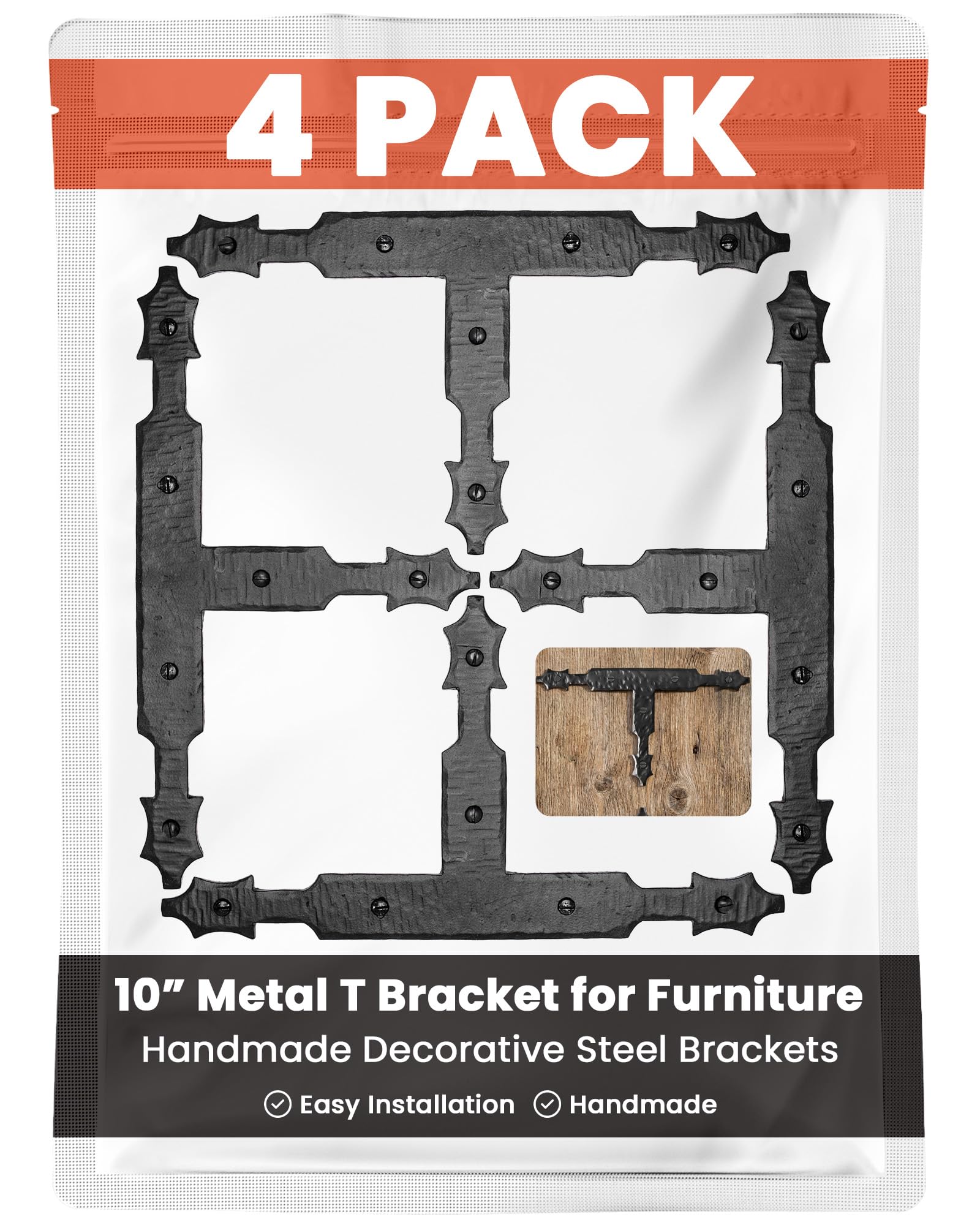 4 Pack 10" Metal T Bracket for Furniture - Black - Handmade Decorative Steel Brackets - Rustic Metal Corner Brackets for Front Doors, Gates, Garages,