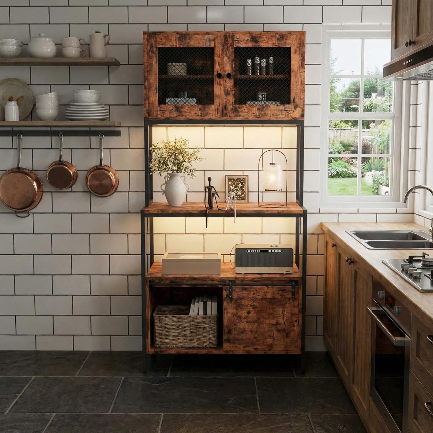 Industrial Baker's Rack with 5-Tier Storage, Charging Station, Open Shelves – Freestanding Microwave Stand and Coffee Bar Cabinet – Multi-Purpose Kitchen Organizer for Dining & Living Room, Brown