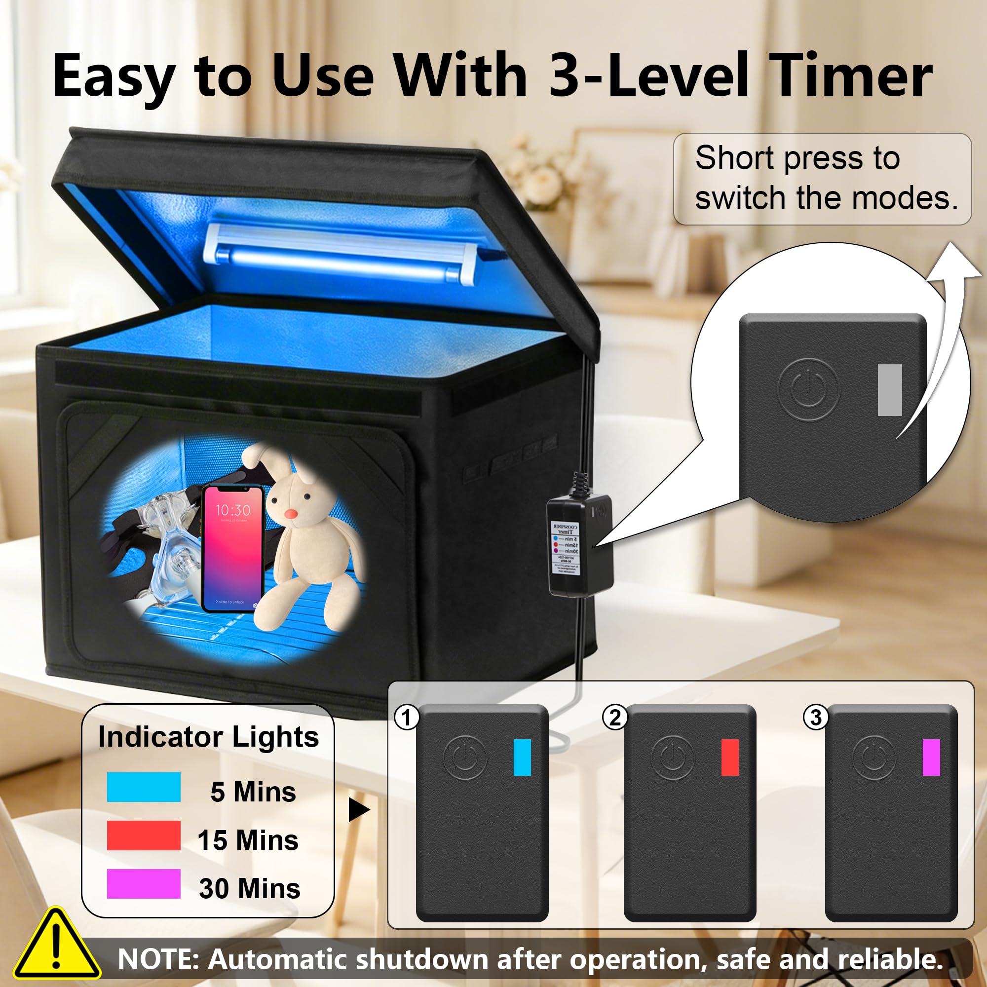 Caja desinfectante UV grande, máquina de desinfección y limpieza portátil de 36 litros con temporizador de 3 niveles, caja de limpieza UV plegable para uso doméstico como teléfono, toalla
