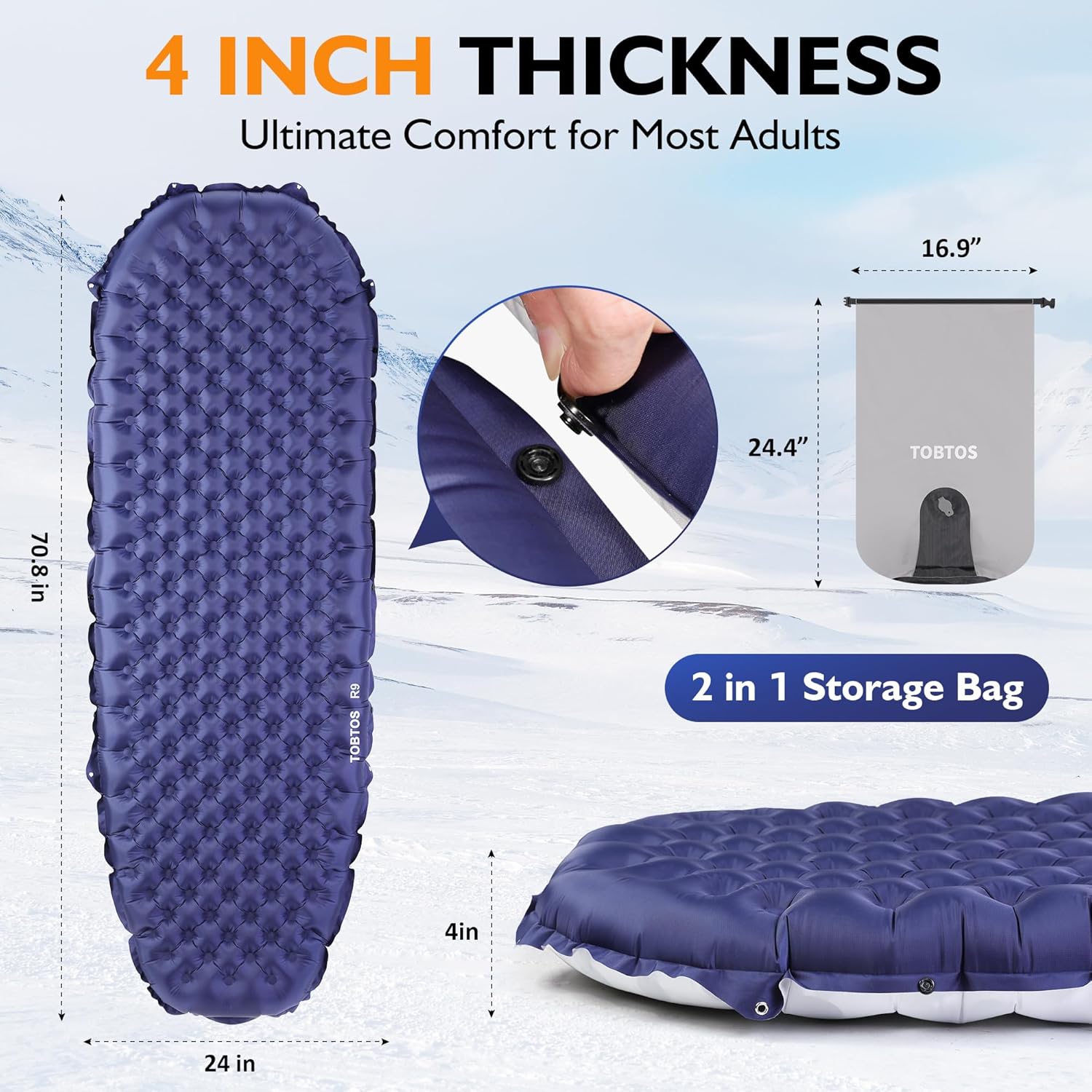 TOBTOS Camping Sleeping Pad with 9.0 R-Value, 4" Thick Inflatable Camping Mattress for All Season, Compact Insulated Sleeping Mat for Backpacking & Hiking (Mummy)