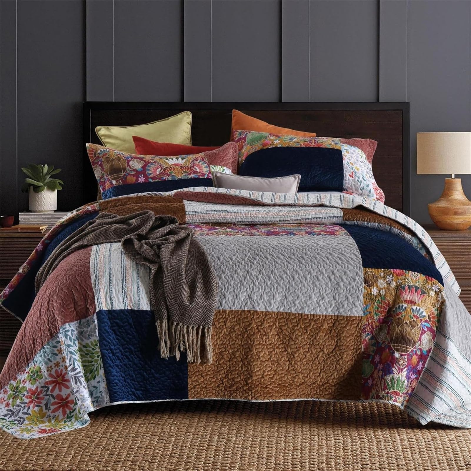 CUNTO GaRcan - Edredón de Cama de 3 Piezas con diseño Floral de Terciopelo Moran Grueso y Patchwork con Funda de Almohada (tamaño: 240 x 270 cm) (un Color, 240 x 270 cm)