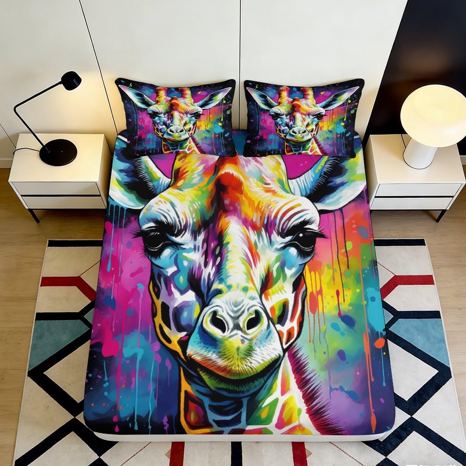 3D Printed Colorful Giraffe Fitted Sheet Microfiber Vibrant Animal Bed Cover for Bedroom Guest Room Dorm Mattress Protection 90x200x25cm