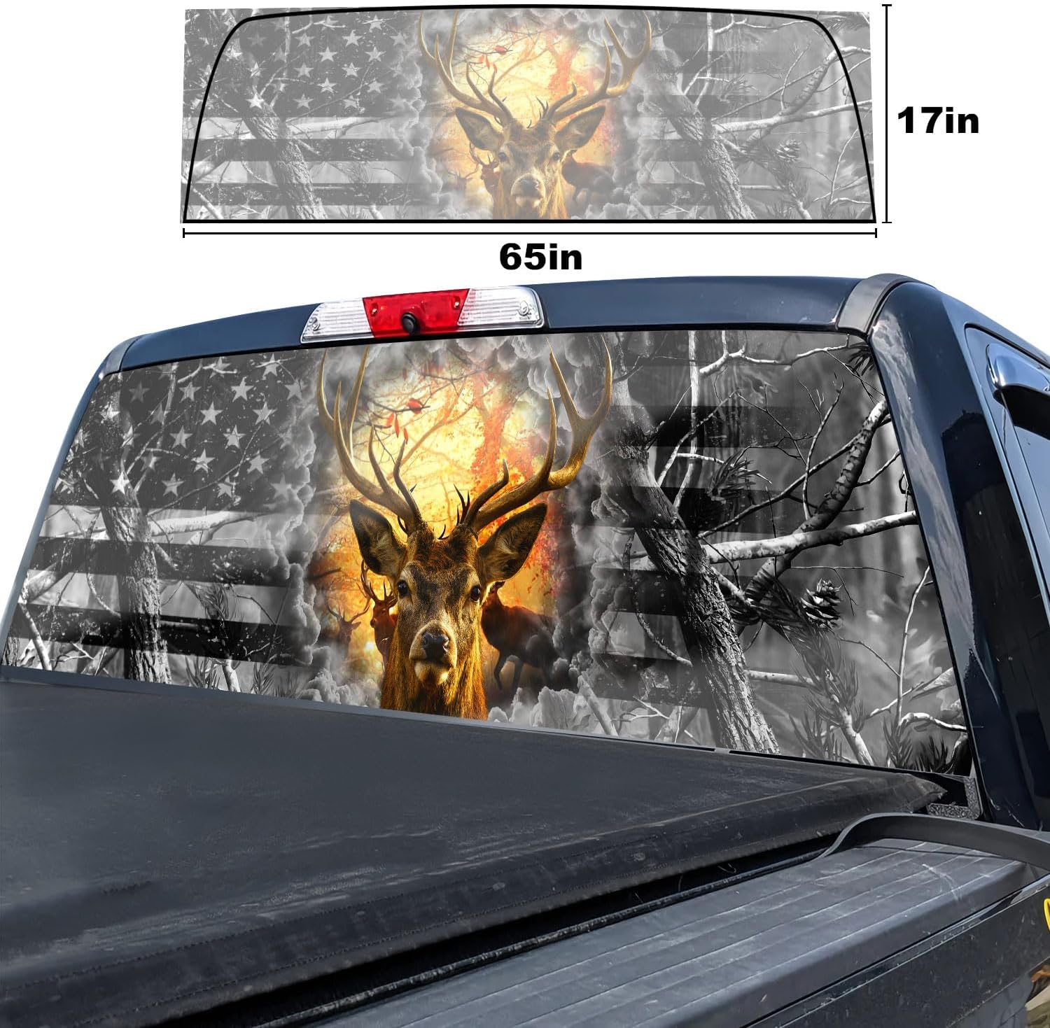 Deer Flag Truck Rear Window Decal – Perforated Vinyl See-Through Sticker, Universal Fit for Pickup Trucks, Patriotic Gift for Dad, Boyfriend & Truck Owners, Easy DIY Install, 65x17IN