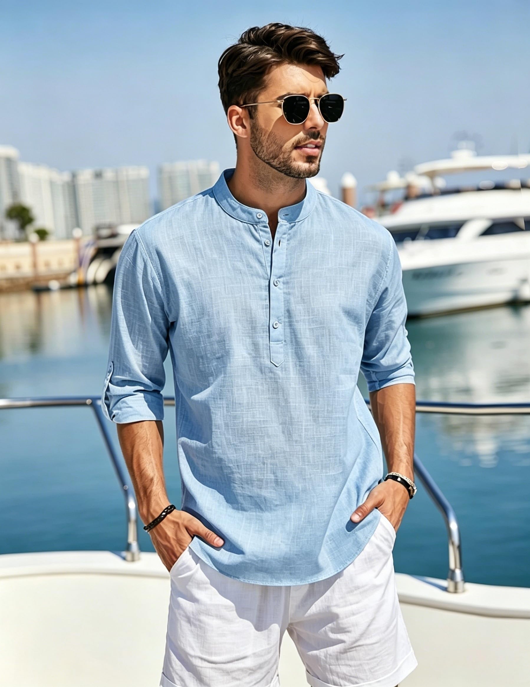Cegerne Chemise en Lin Homme Manches Longues Chemise Été Légère Respirante Henley Casual pour Vacances Plage