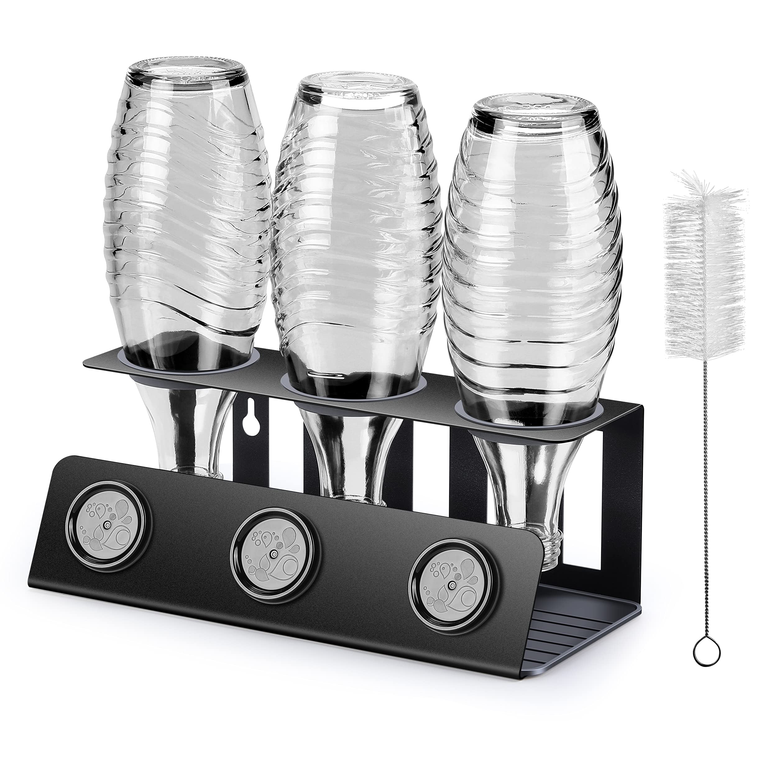 vinlley Flaschenhalter für Sodastream 3er Abtropfhalter mit Herausnehmbare Abtropfwanne und Deckelhalter, Abtropfständer für Sodastream, Crystal und Emil Flaschen, Schwarz.