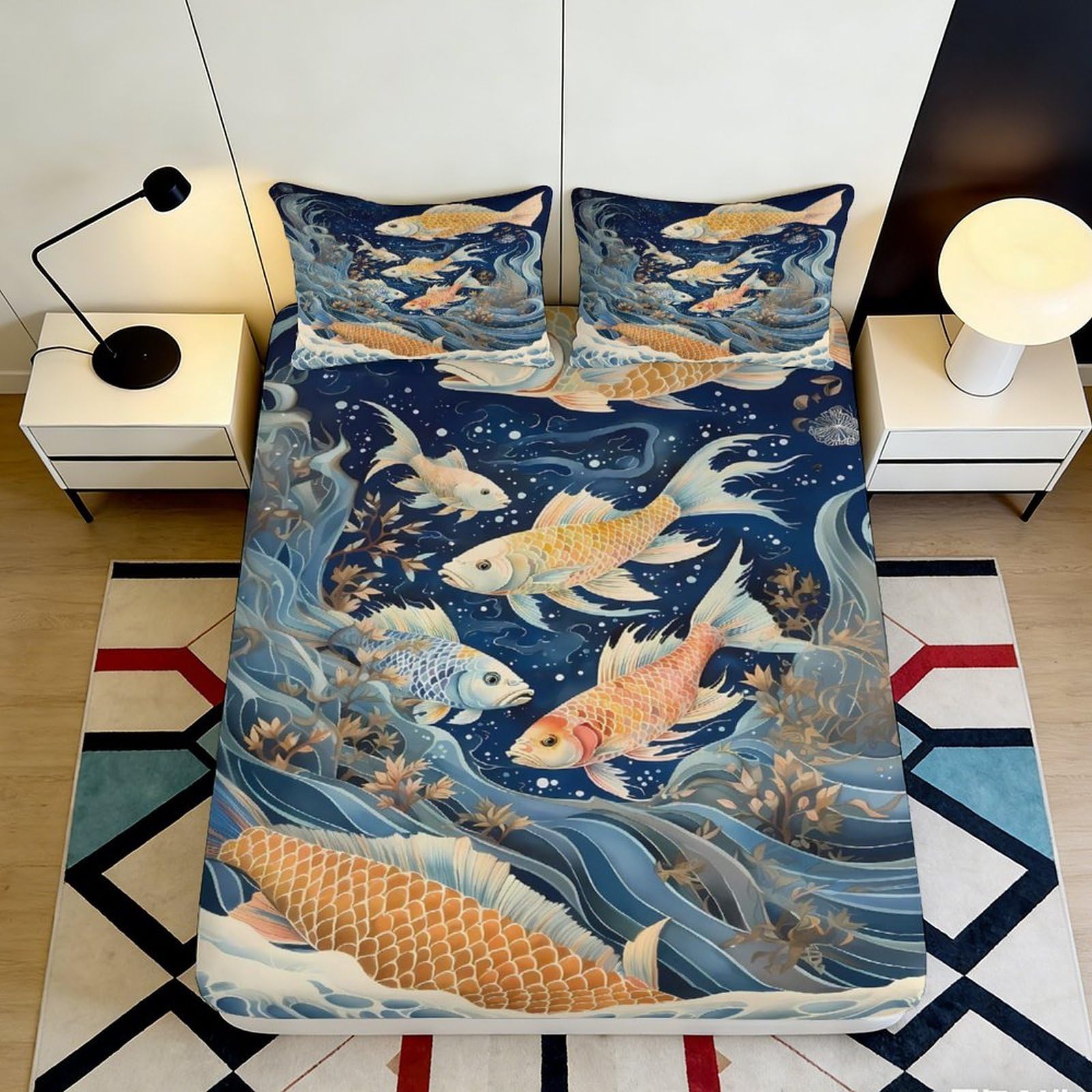 3D Printed Koi Fish Ocean Fitted Sheet Microfiber Soft Mattress Cover Japanese Wave Bed Decor for Bedroom 90x200x25cm
