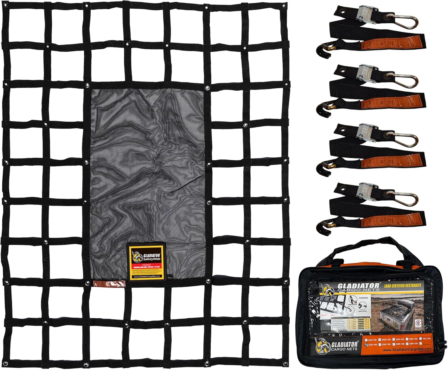 Gladiator Cargo Gear - SafetyWeb Cargo Net - Heavy Duty, Truck Bed Organizer- Bed Cover-tie Down-Adjustable- Camping- Small (SSW-100) 4.75' x 6'