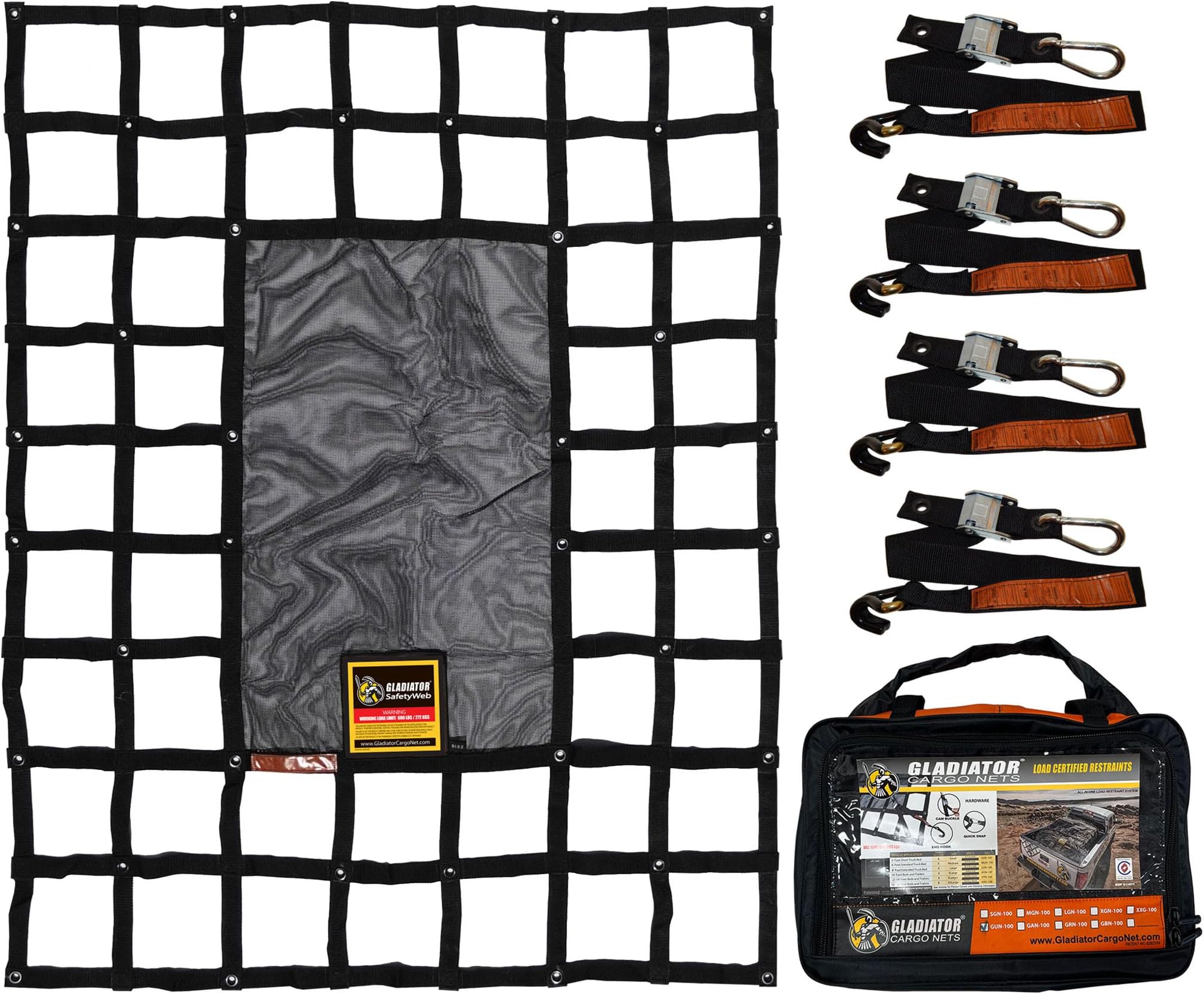 Gladiator Cargo Gear - SafetyWeb Cargo Net - Heavy Duty, Truck Bed Organizer- Bed Cover-tie Down-Adjustable- Camping- Small (SSW-100) 4.75' x 6'