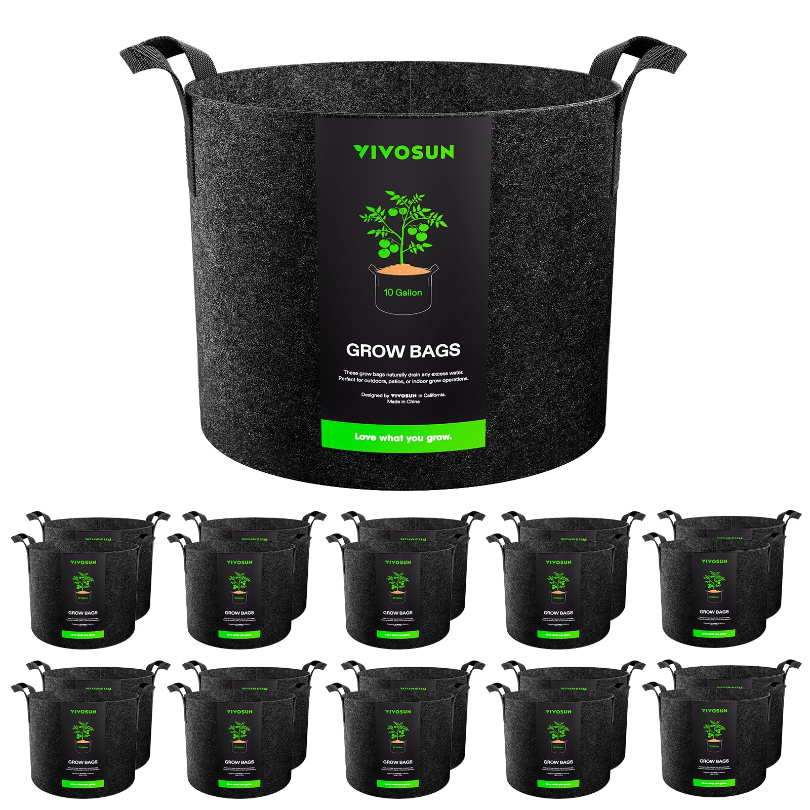 VIVOSUN 20-Pack 10 Gallon Grow Bags, Heavy Duty Thickened Nonwoven Fabric Pots with Handles for Flowers Fruits and Vegetables Black