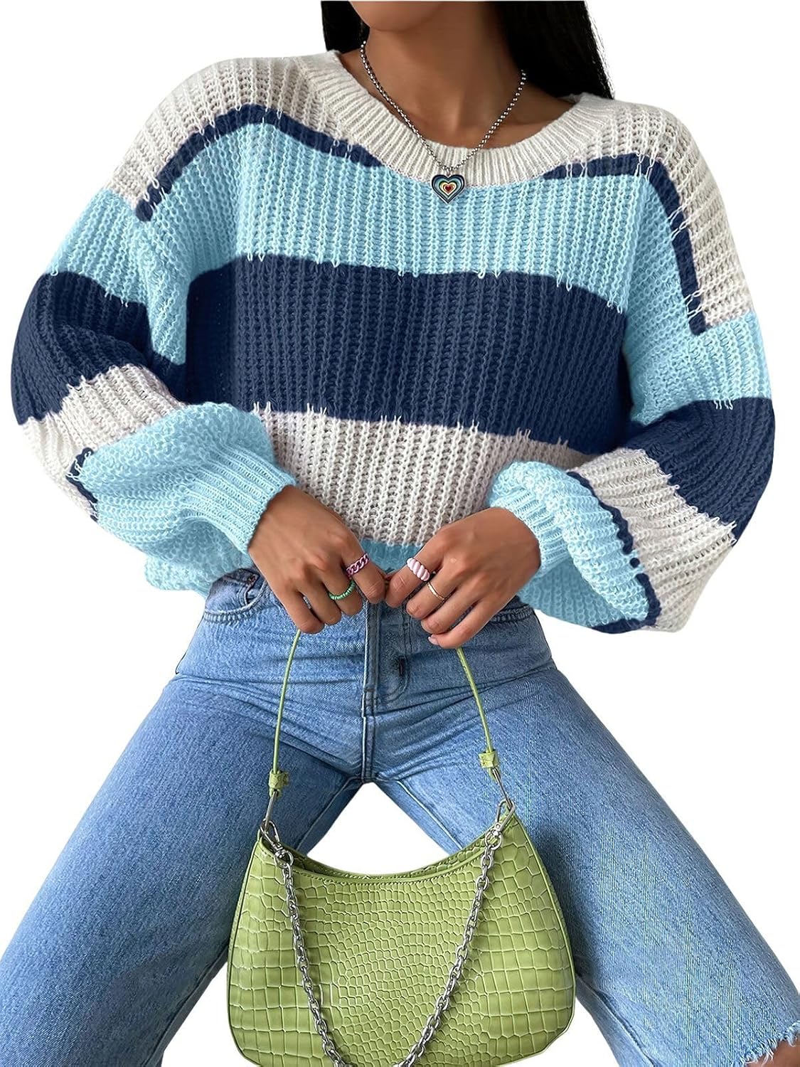 ebossy Womens Chunky Knit Sweaters Crewneck Long Sleeve Contrast Striped Boho Cute Pullover Jumper Tops