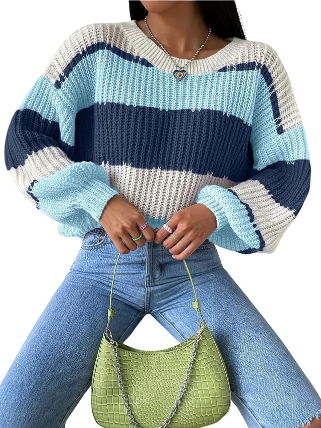 ebossy Womens Chunky Knit Sweaters Crewneck Long Sleeve Contrast Striped Boho Cute Pullover Jumper Tops
