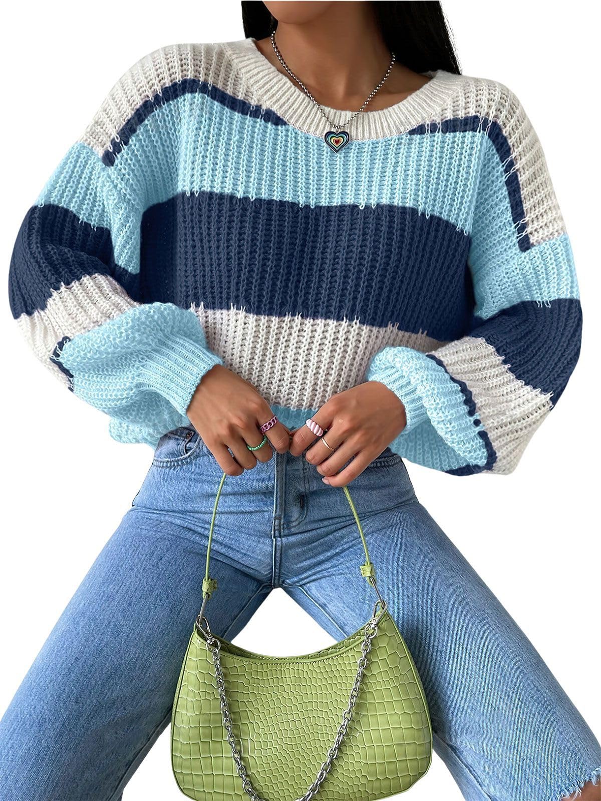 ebossy Womens Chunky Knit Sweaters Crewneck Long Sleeve Contrast Striped Boho Cute Pullover Jumper Tops