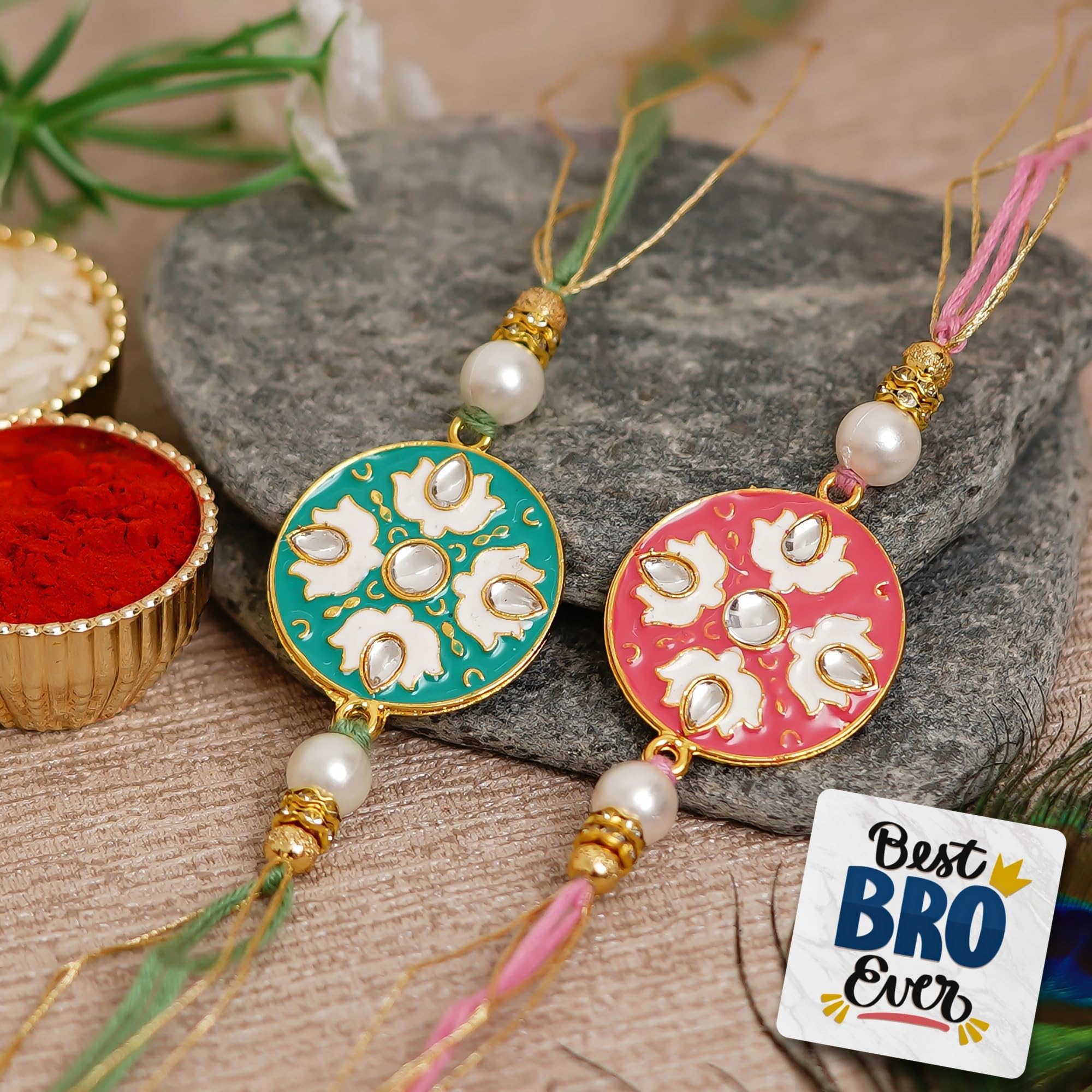 eCraftIndia Set of 2 Blue & Peach Meenakari Designer Rakhis, Best Bro Ever Fridge Magnet with Roli Chawal Pack - Rakhis for Brothers-picture-21