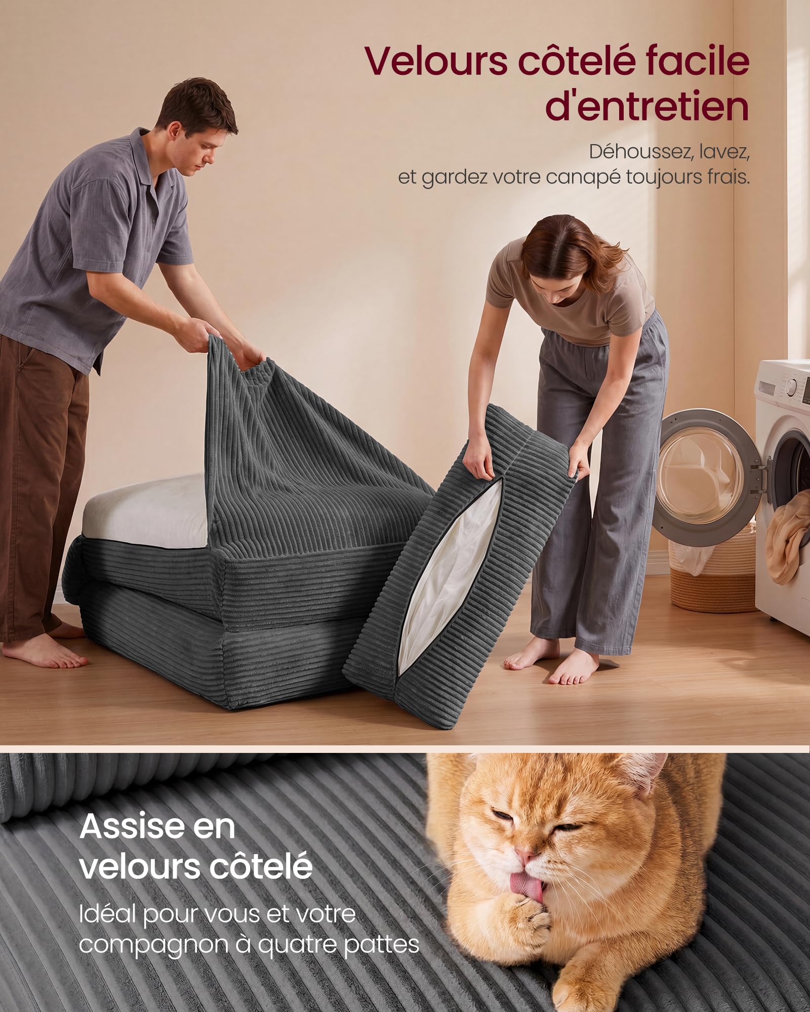 VASAGLE Chauffeuse Convertible, Fauteuil en Velours Côtelé et Mousse, Lit d'Appoint Pliable, 89 x 89 x 78 cm / 89 x 195 x 43 cm, Gris Plomb, pour Salon, Collection Camila LCS211G101