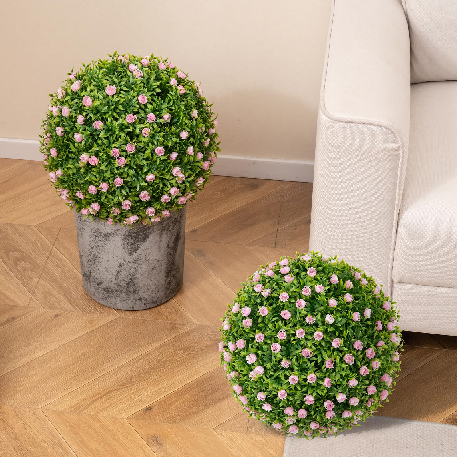 COSTWAY Juego de 2 Bolas de Topiario Artificiales, 37 cm Bolas Decorativas Falsas con Flores Rosas, Esfera de Jardín Interior y Exterior con Protección Solar para Patio, Porche, Hogar, Césped y Bodas