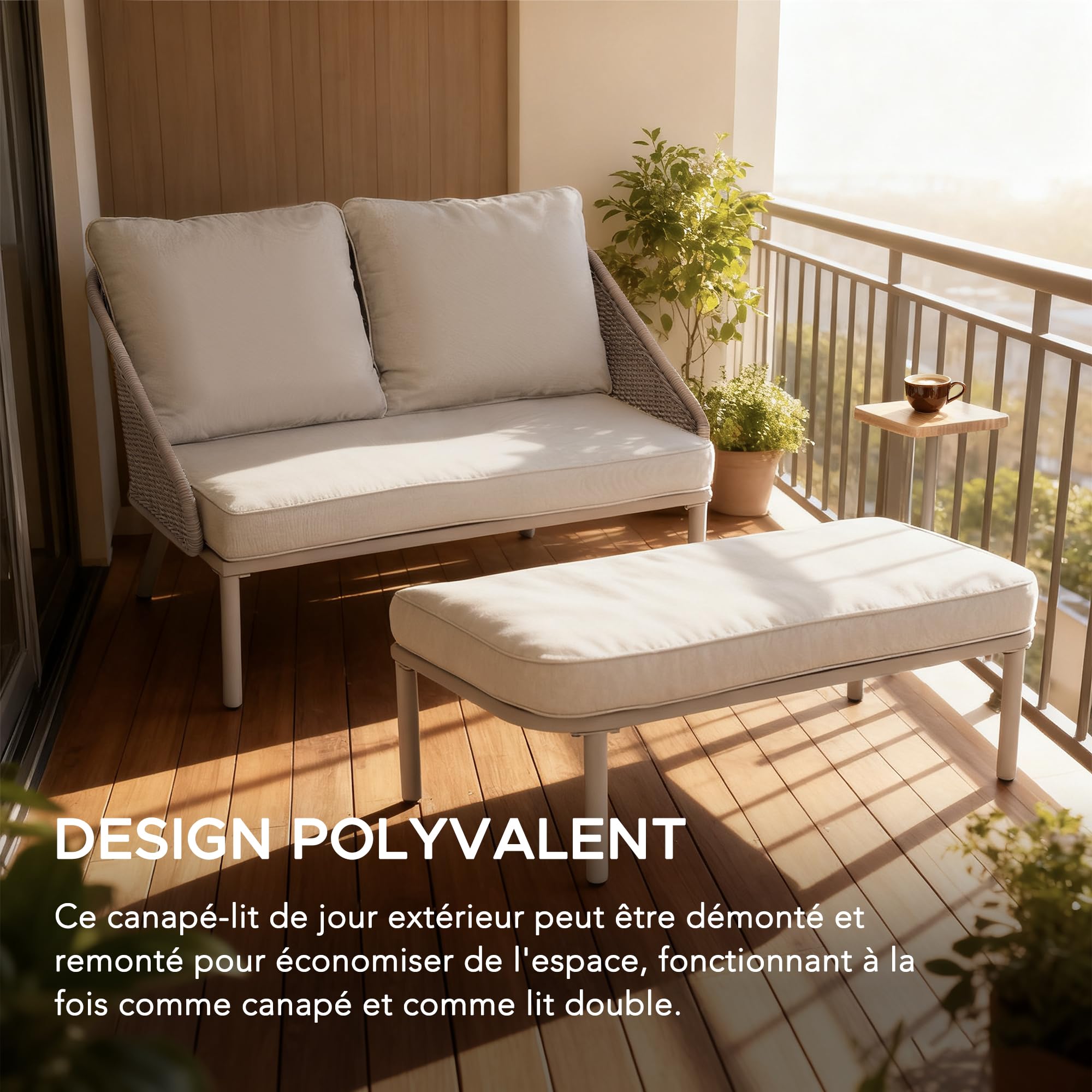 Sunjoy Lit Baningue Double d'Extérieur, avec Plateaux Latéraux et Coussins, Dossier en Rotin, Structure Métallique, Ensemble Canapé pour Bord de Piscine, Jardin - Gris