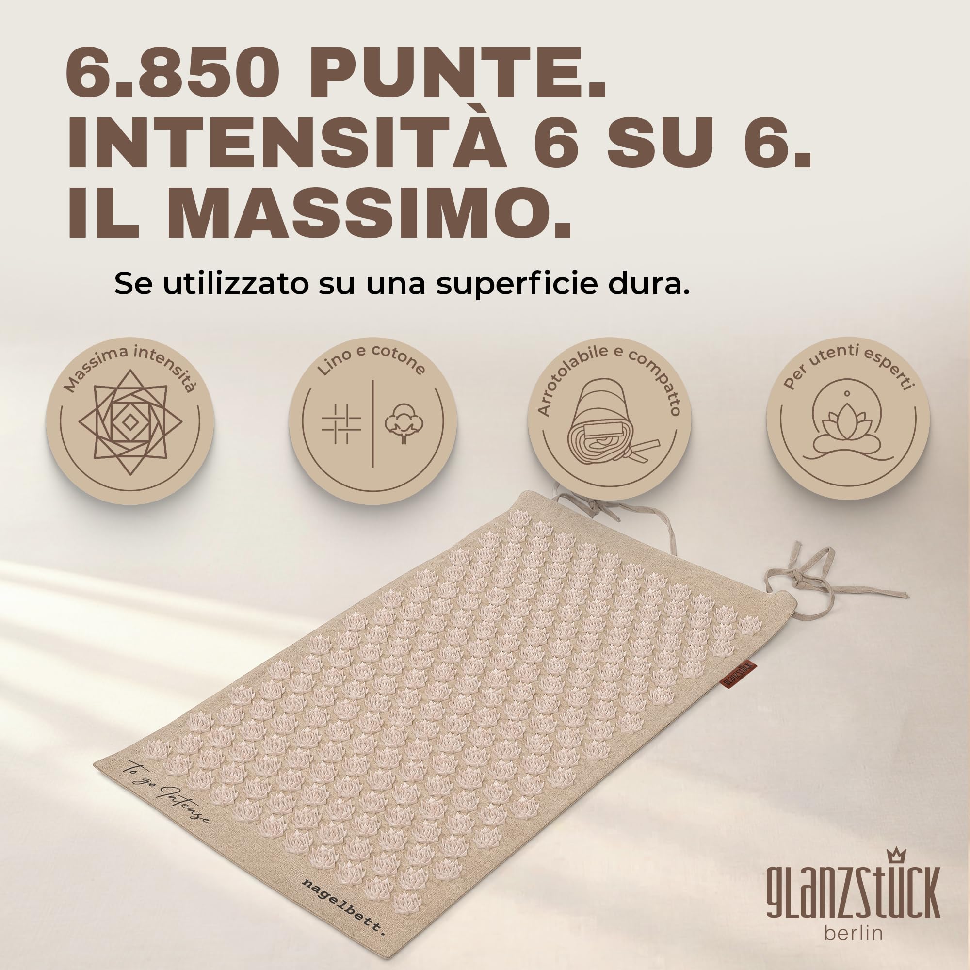 Glanzstück Berlin® Health Collection: Set di tappetini per agopressione XL TO GO Intense in lino, aiuto in caso di tensioni, mal di schiena, tappetino massaggiante con custodia, sostenibile