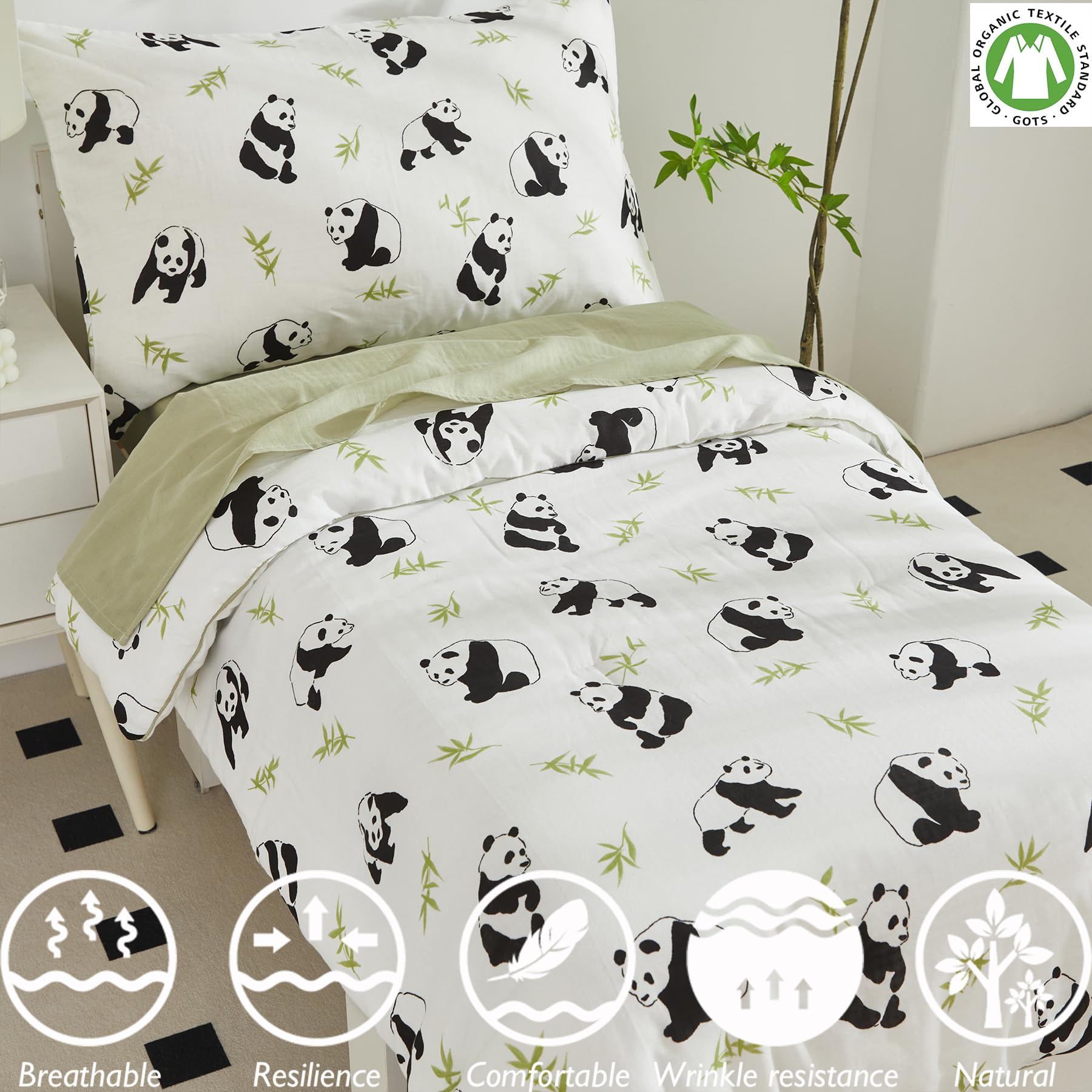 Brandream Juego de ropa de cama para niños y niñas con estampado de panda, sábana encimera, sábana bajera y funda de almohada, 4 piezas, blanco y verde