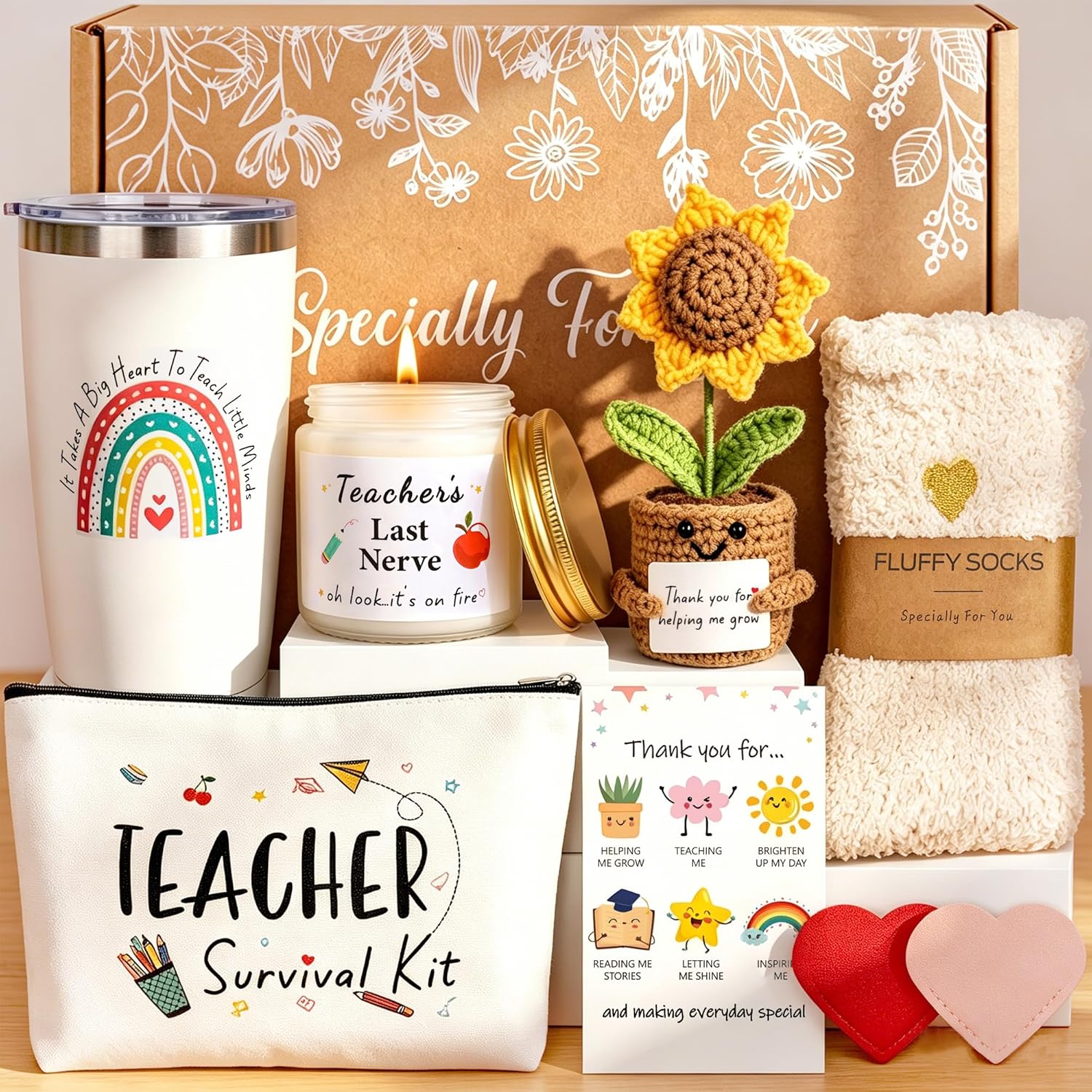 Teacher Appreciation Gifts for Women,Teacher Gifts Set End of Year Teachers Gift from Student, Thank You Retirement Back to School Gift Basket with 20oz Tumbler Handmade Crochet Cute Sunflower