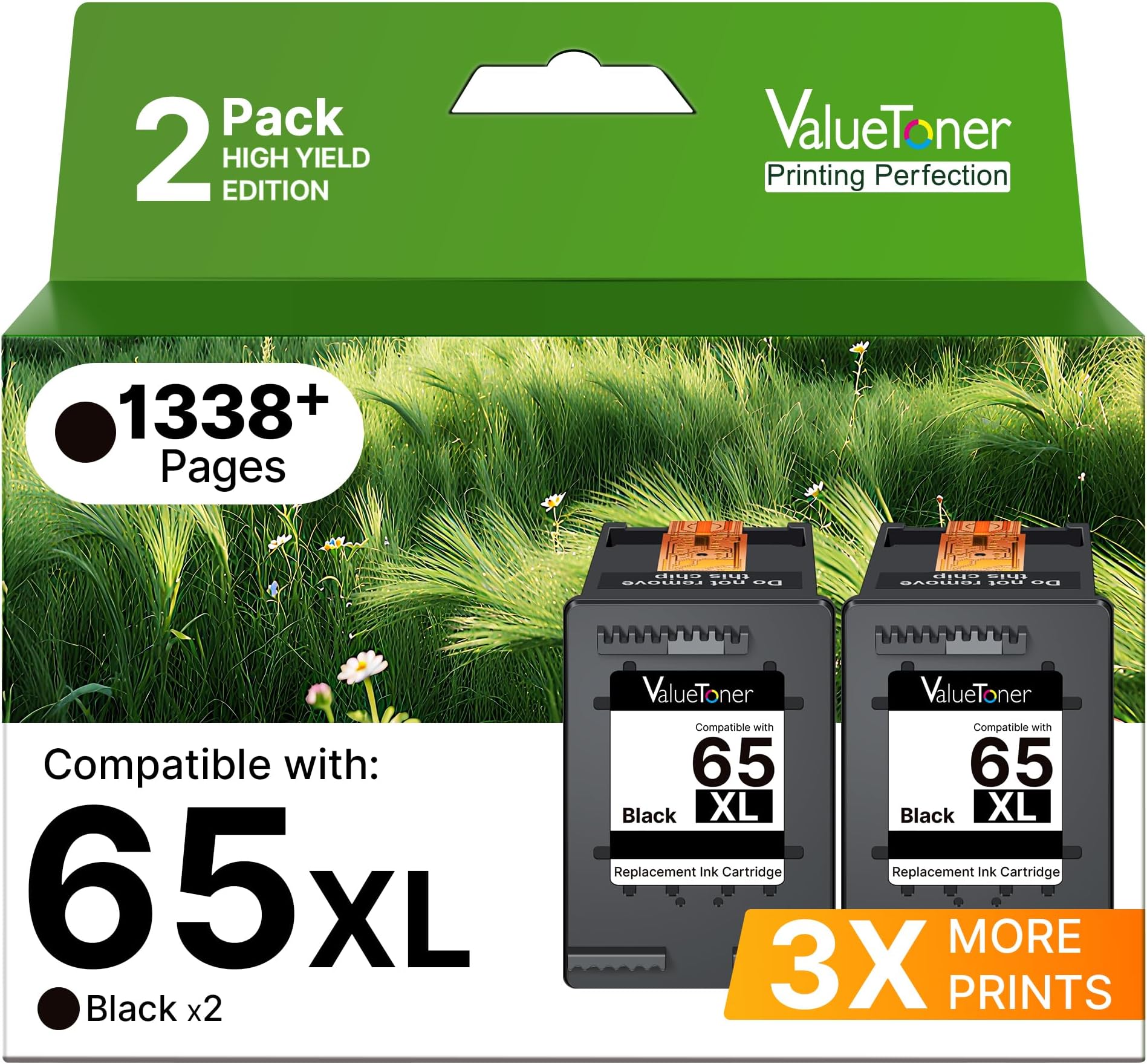 65XL Black Ink Cartridge Replacement for HP Ink 65 Black HP65XL Black Ink Cartridges HP65 65 XL Works for Envy 5055 5052 5058 DeskJet 3755 2655 3720 3722 3723 3752 3758 2652 2624 (2Black)