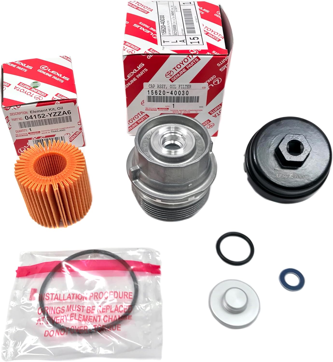 Genuine 04152-YZZA6 Oil Filter with Genuine 15620-40030 Oil Filter Housing Cap | Includes APSG Wrench, Cap Plug and Crush Washer | Compatible with Toyota 1.8L